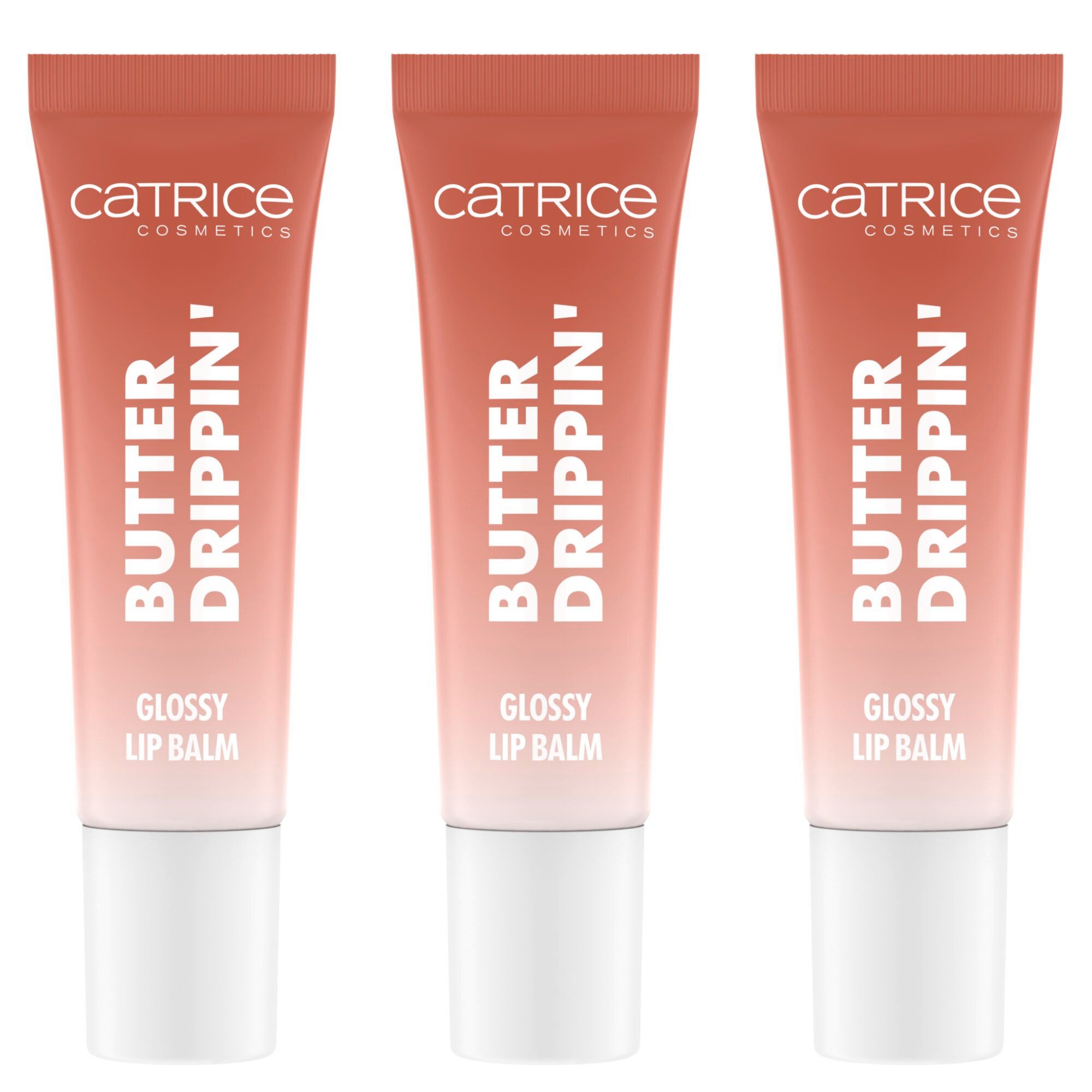 Catrice Lippenbalsam Butter Drippin' Glossy Lip Balm, 3-tlg., Dezenter Farbakzent, geschmeidig, hochglänzend, spendet Feuchtigkeit.
