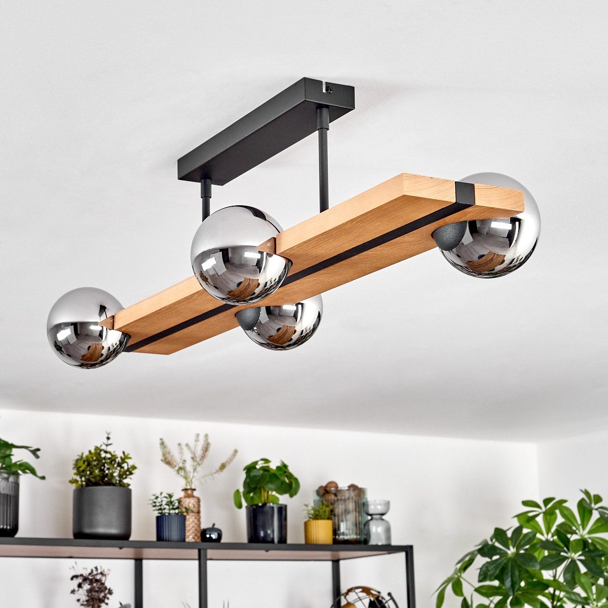 hofstein Deckenleuchte Deckenlampe aus Metall/Holz/Glas in Schwarz/Natur/Ch günstig online kaufen