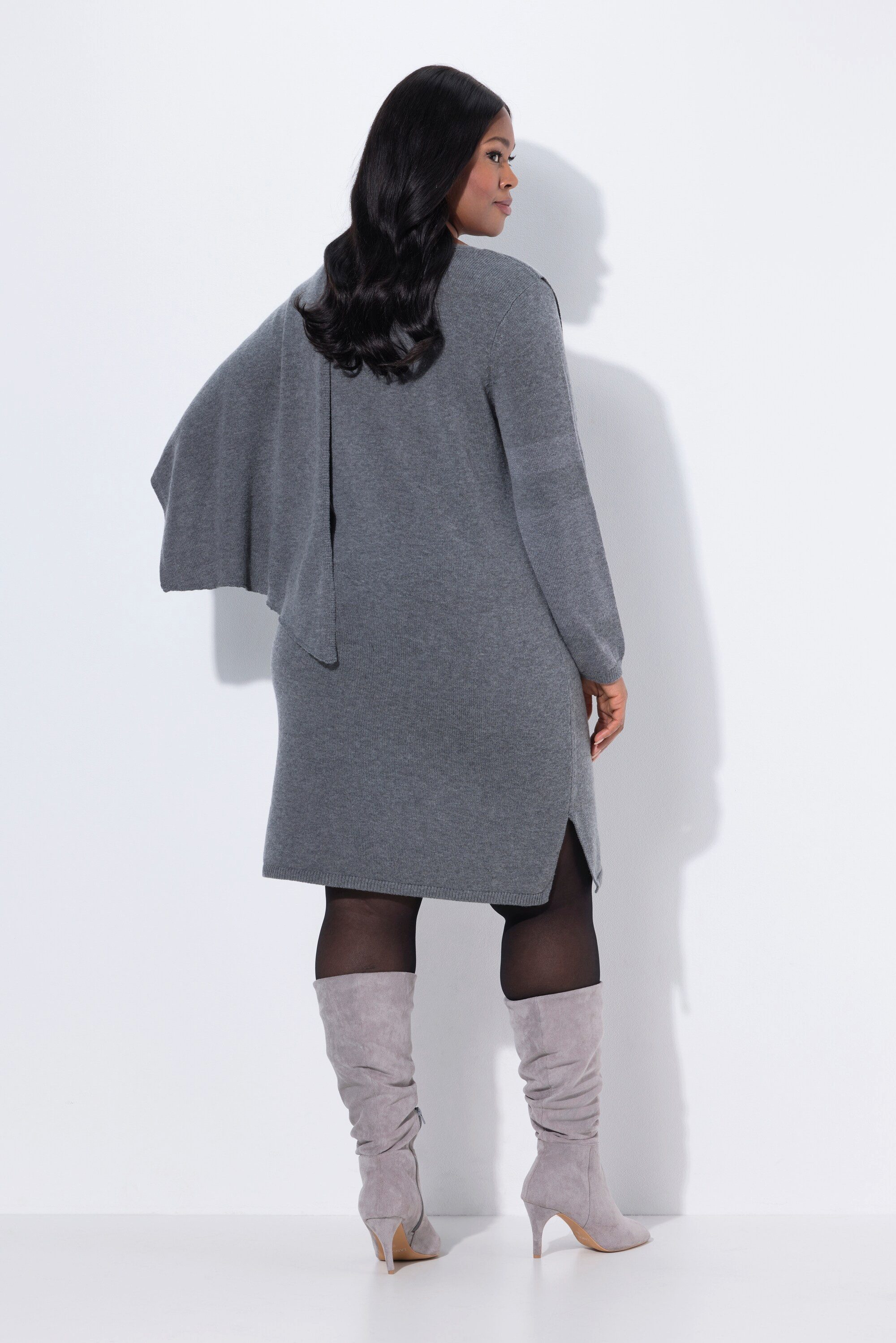 Ulla Popken Midikleid Strickkleid Schal V-Ausschnitt Langarm