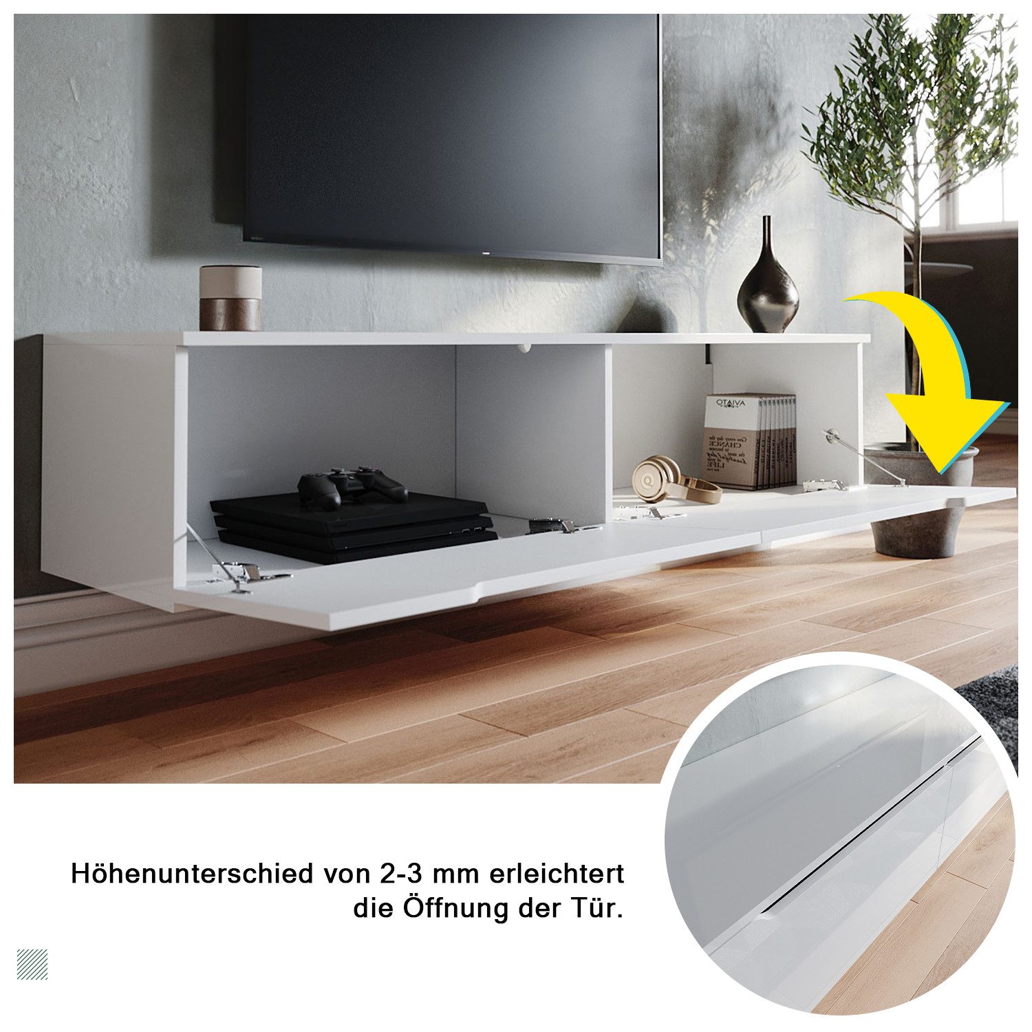 SONNI Lowboard lowboard tv hängend und stehend, tv schrank 180cm, mit Beleuchtung in wohnzimmer, Weiß, 180 x 30 cm