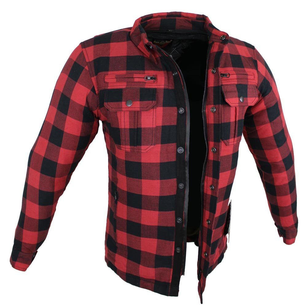 Alpha Speeds Motorradjacke Flanell-Holzfäller Motorrad KEV ARAMID Lumber Biker Hemd SLIM Rot (Wasserdicht & Winddicht & Atmungsaktiv + Belüftungstaschen / Motorradhemd -, 1-St) All Season, wasserdichte Reißverschlüsse, mit Protektoren