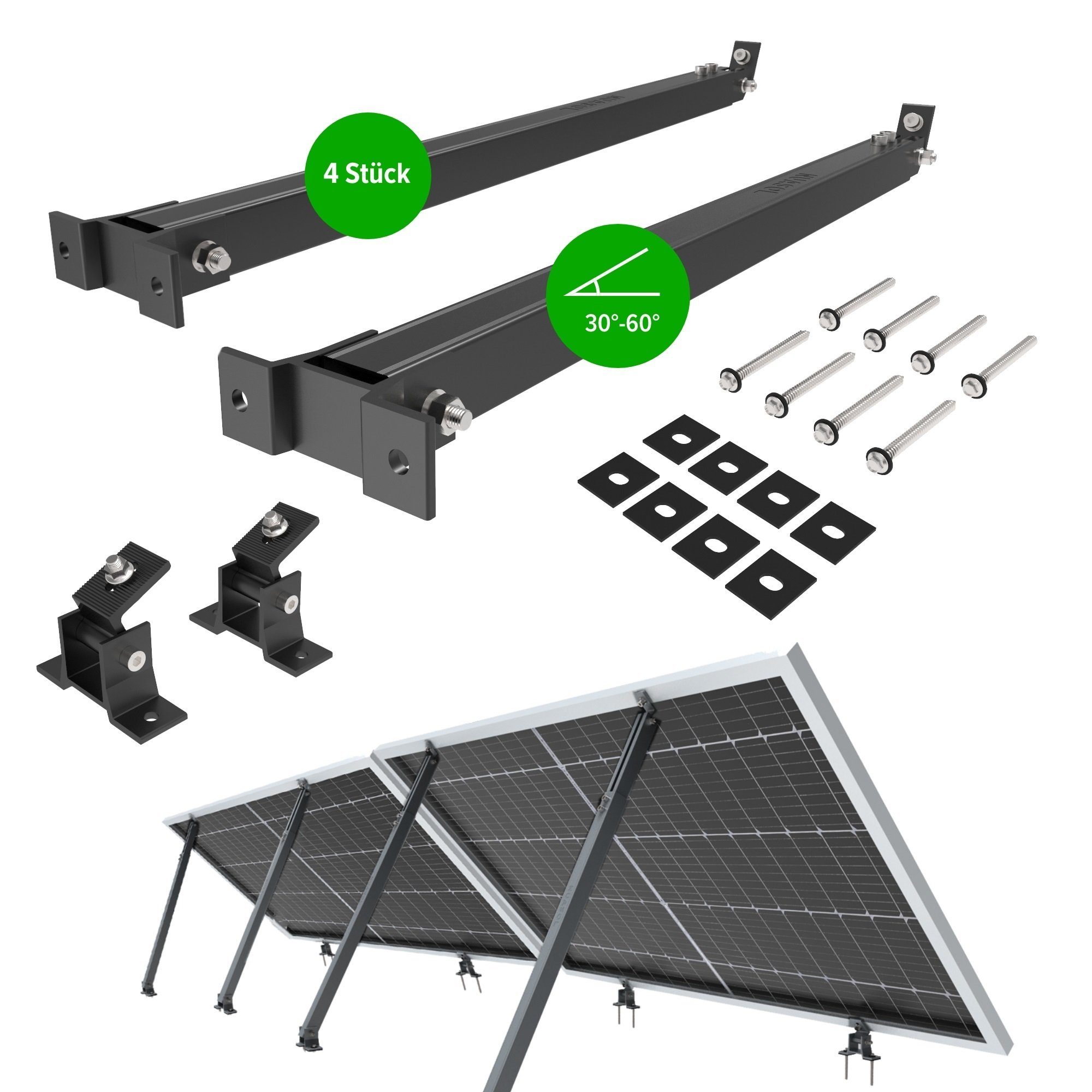 NuaSol Solarmodul-Halterung 2x verstellbar Neigungswinkel 15° - 60° siber / schwarz, (4-tlg)