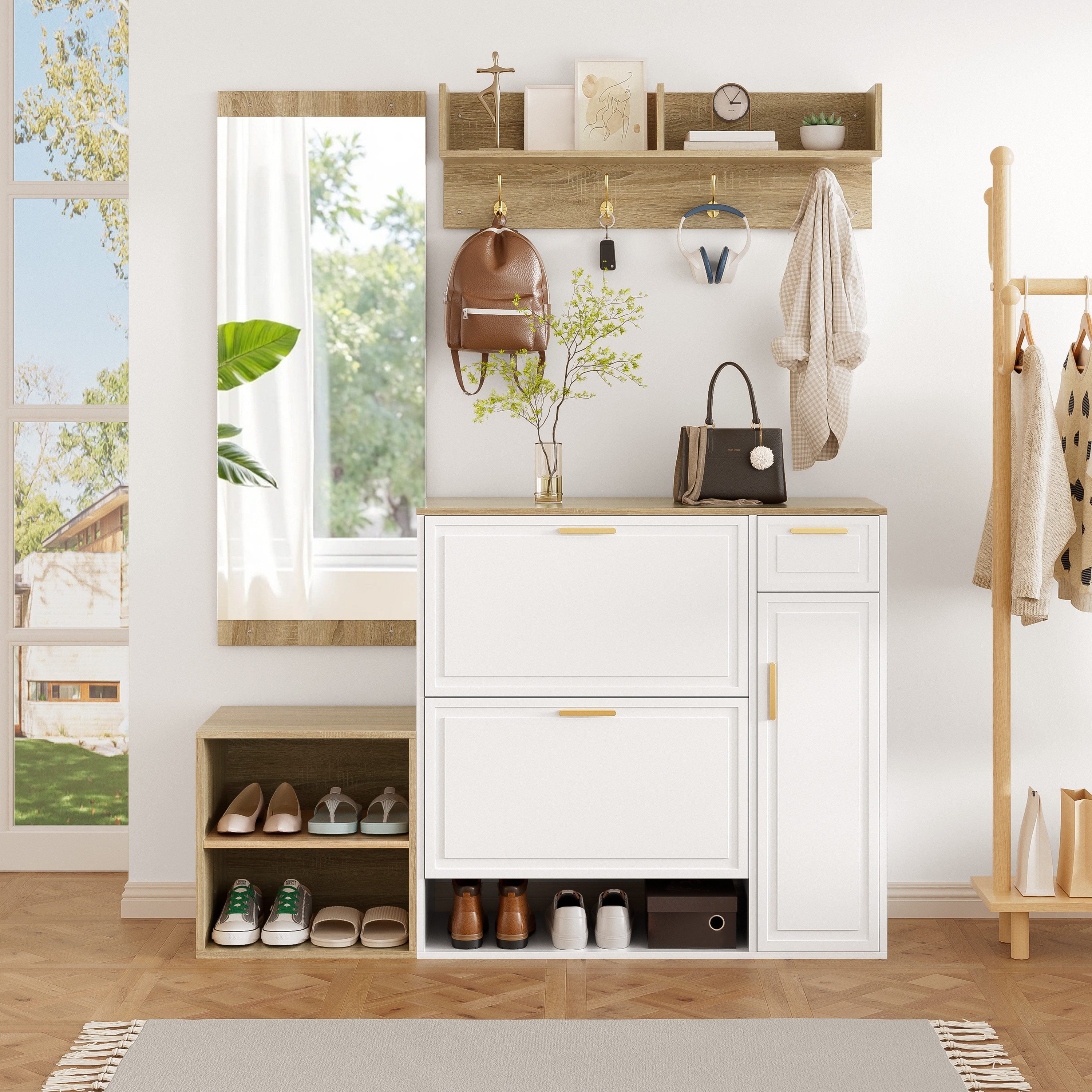 Flieks Garderoben-Set inkl. Schuhschrank, Sitzbank, Wandgarderobe/Wandregal & Spiegel, (4-St), Flurmöbel-Set Schuhkommode, Schuhbank, Paneel mit Haken und Ablagen
