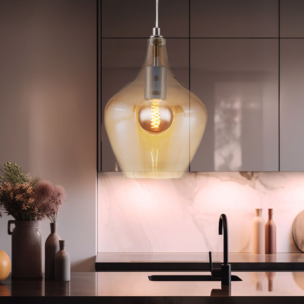 NOWA Hängeleuchte, Leuchtmittel nicht inklusive, Pendellampe Wohnzimmerleuchte Glas amberfarben Höhe anpassbar H 150cm
