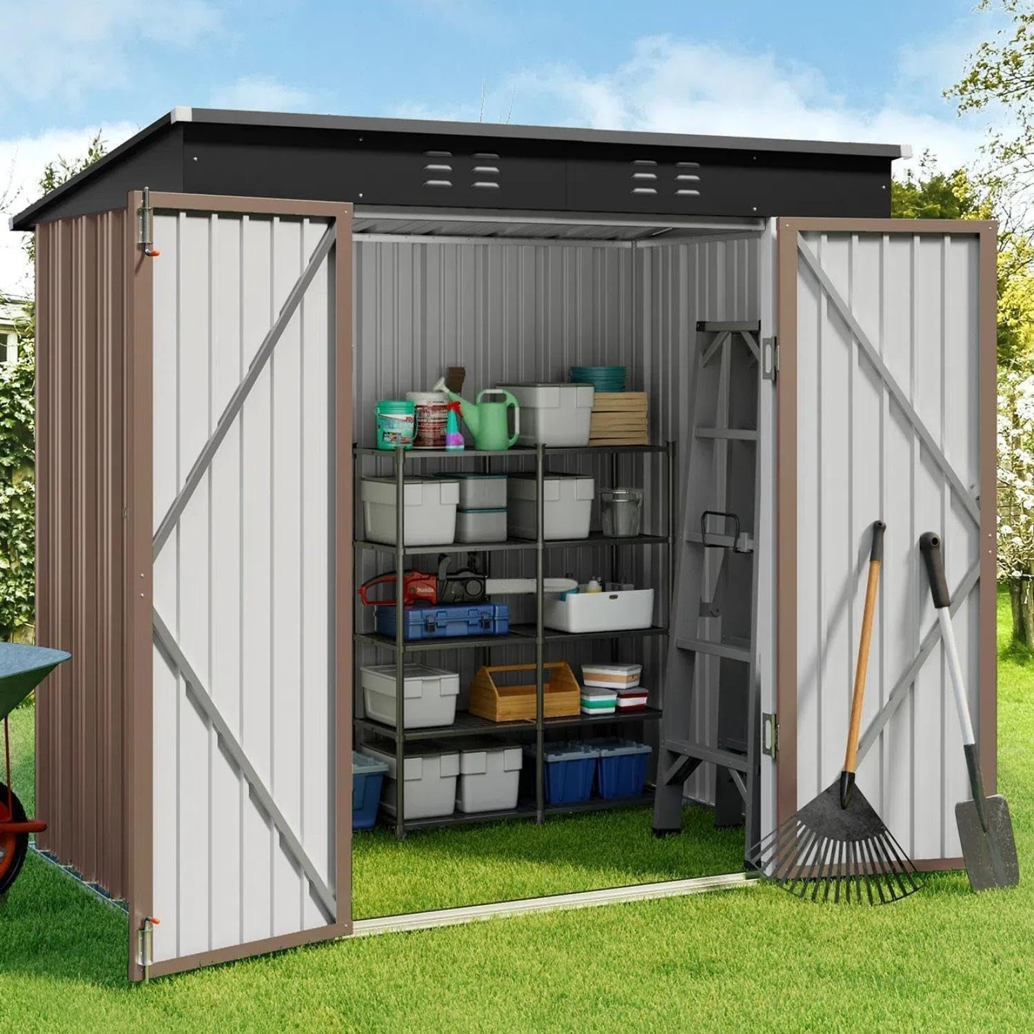 Blishom Gartenhaus Metall-Gerätehaus 195x131x181 cm, Gartenhaus mit Doppeltür & Schloss, Geräteschuppen für Garten & Terrasse, abschließbar