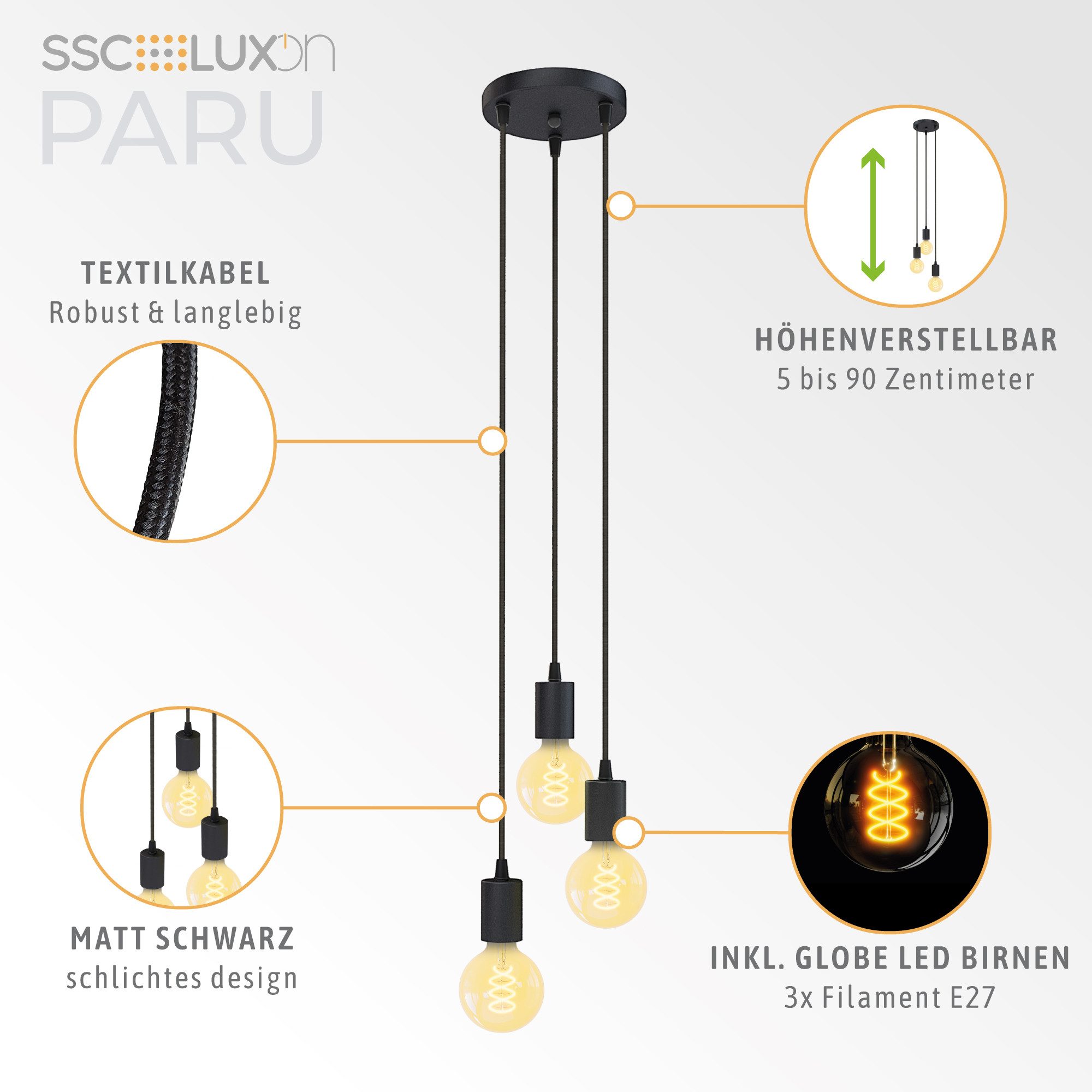SSC-LUXon LED-Hängeleuchte Hängelampe PARU 3er mit Globe LED E27 Birnen extra warmweiß, Extra Warmweiß