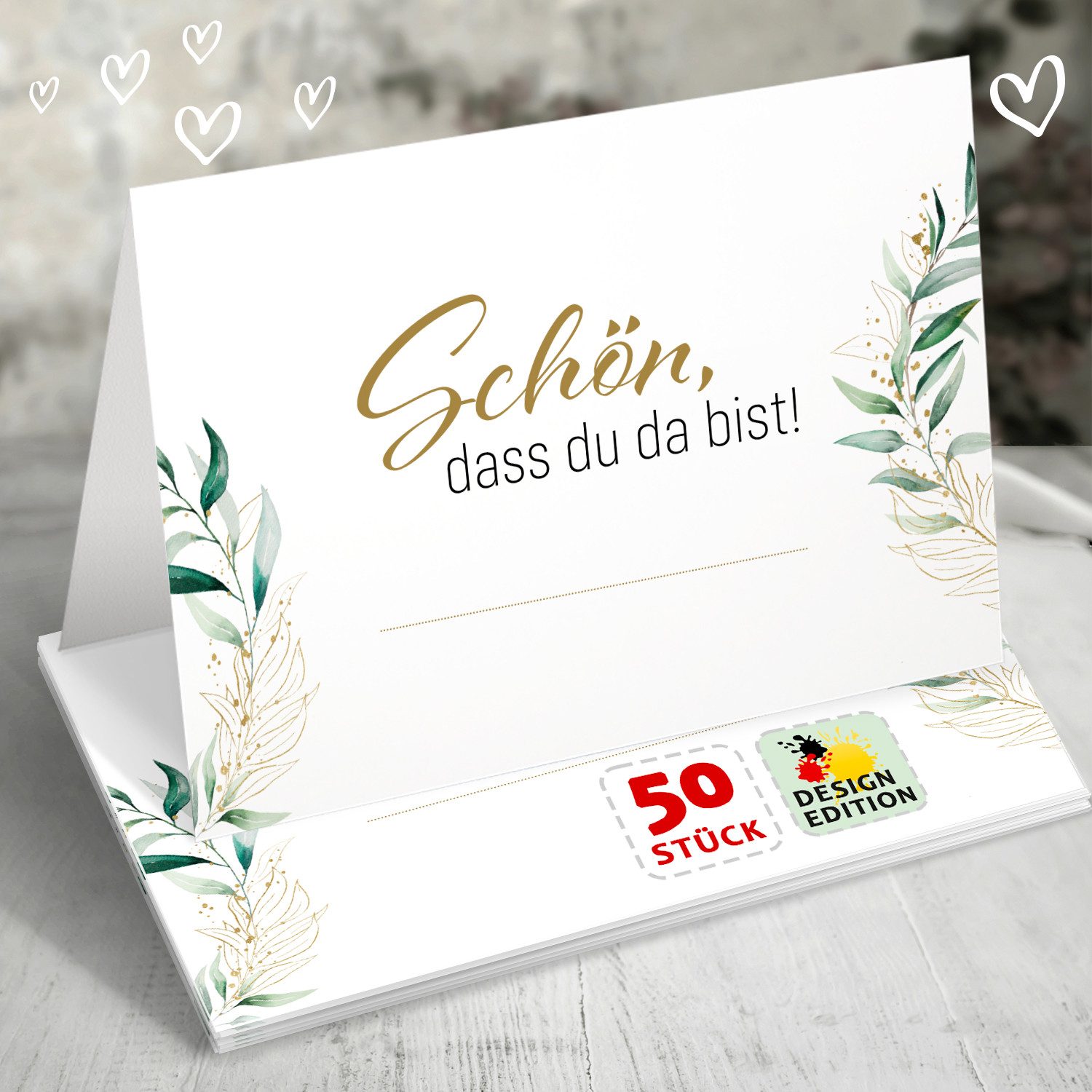 Funke & Brand Grußkarten 50x Tischkarten Hochzeit Floral Grün Gold Akzente 8,5x5,6 cm