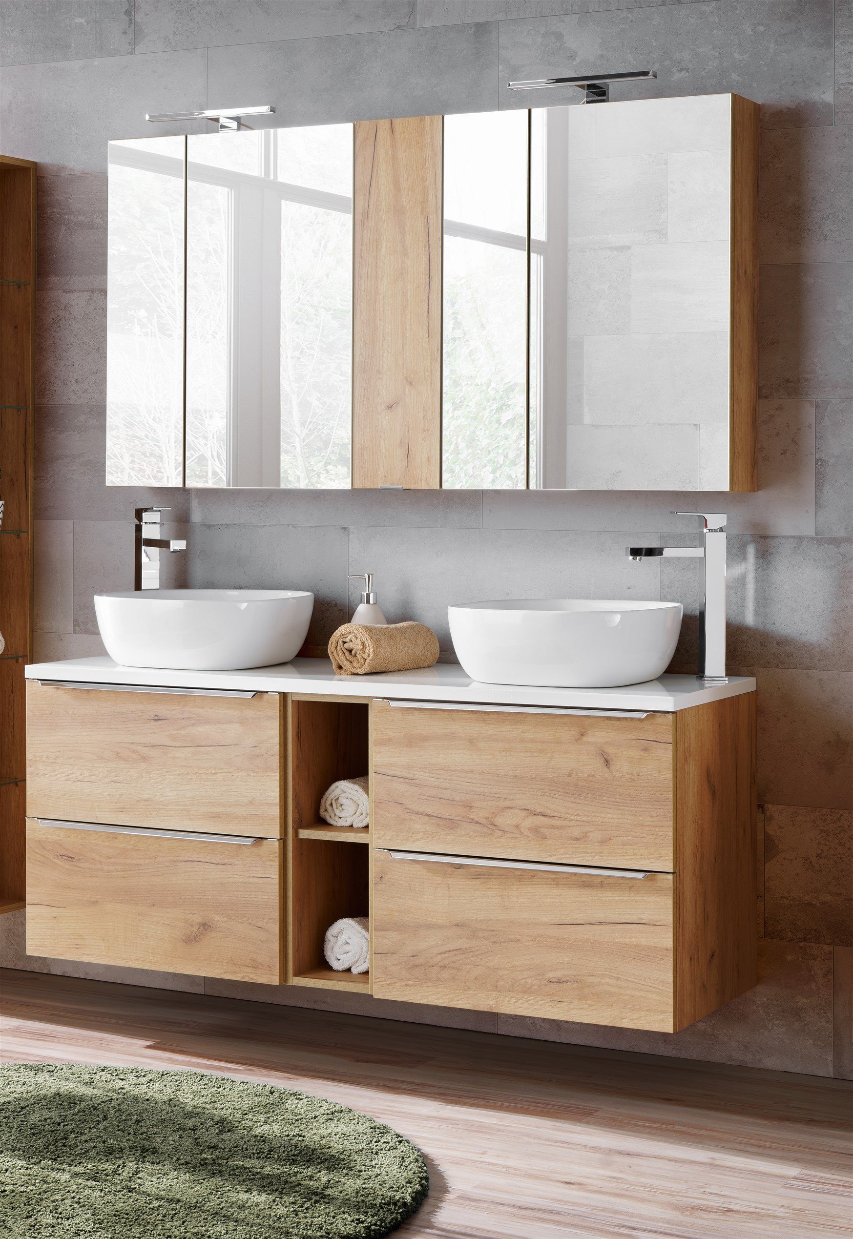 Fun Möbel Badezimmer-Set Badmöbel Set 9-tlg / 7-tlg PERUGIA Gold Eiche mit/ohne 2 x Waschbecken, (Komplett oder Spar- Set, 7-St), Schubladen und Türen mit Soft-Close-System