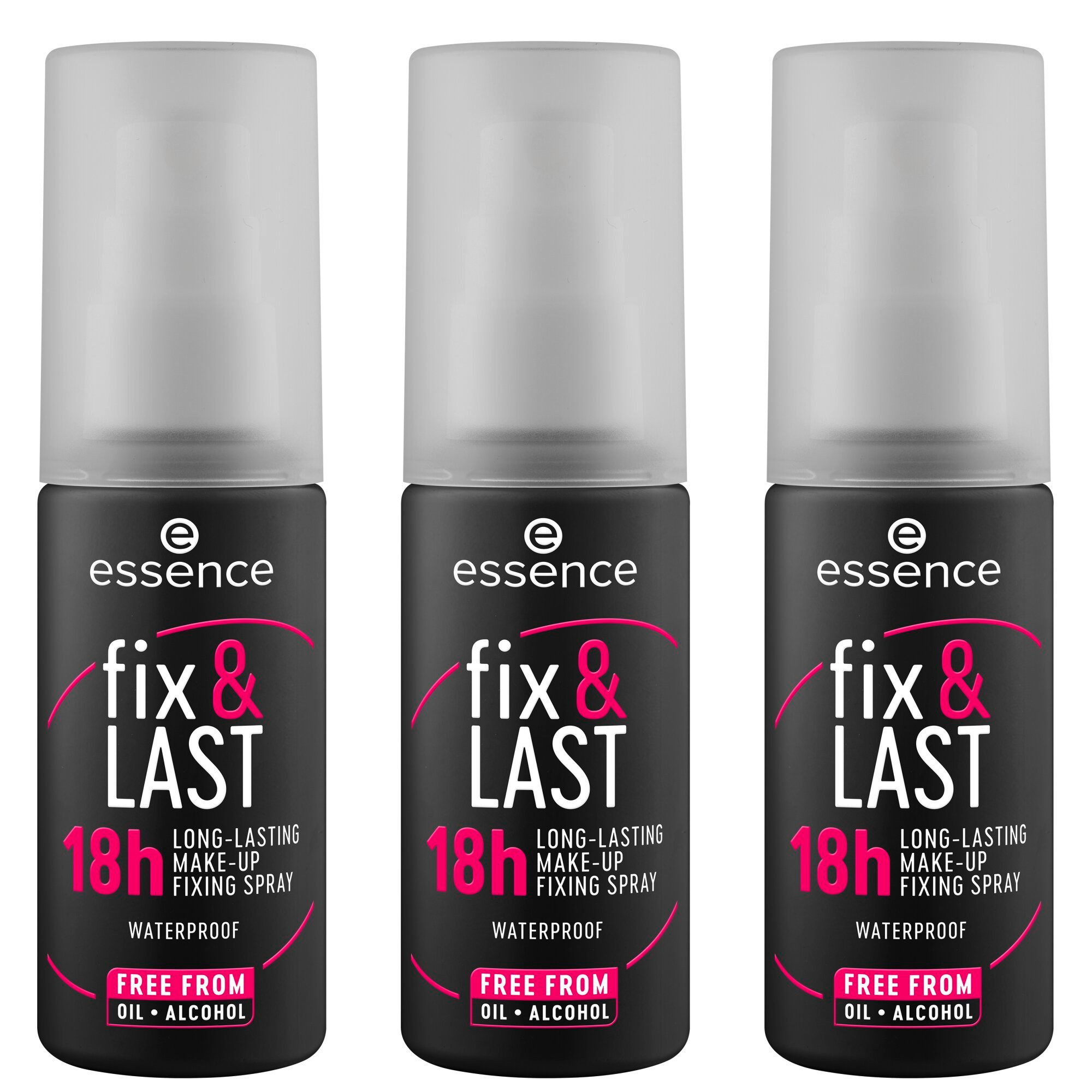 Essence Fixierspray fix & LAST 18h LONG-LASTING MAKE-UP FIXING SPRAY, 3-tlg., Hält das Make-up bis zu 18 Stunden mit gleichmäßiger Sprühverteilung.