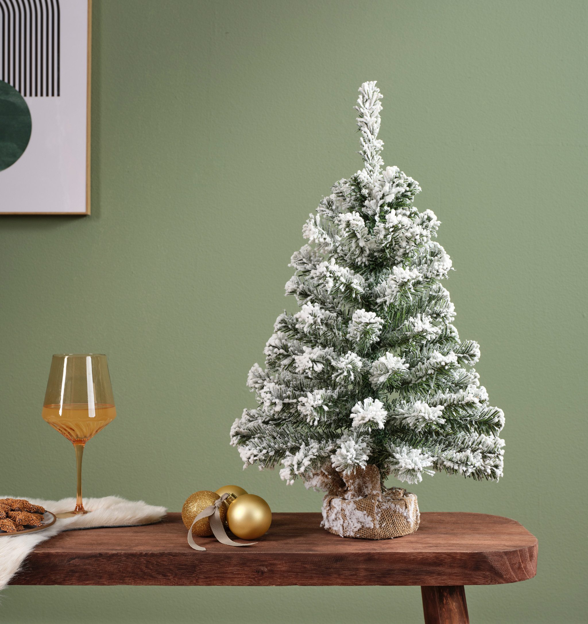 Kaemingk Künstlicher Weihnachtsbaum, Tannenbaum künstlich im Jutesack 60cm Grün / Weiß