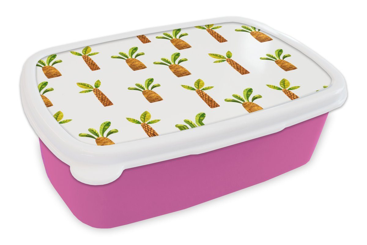 MuchoWow Lunchbox Palmen - Dschungel - Weiß, Kunststoff, (2-tlg), Brotbox für Erwachsene, Brotdose Kinder, Snackbox, Mädchen, Kunststoff rosa