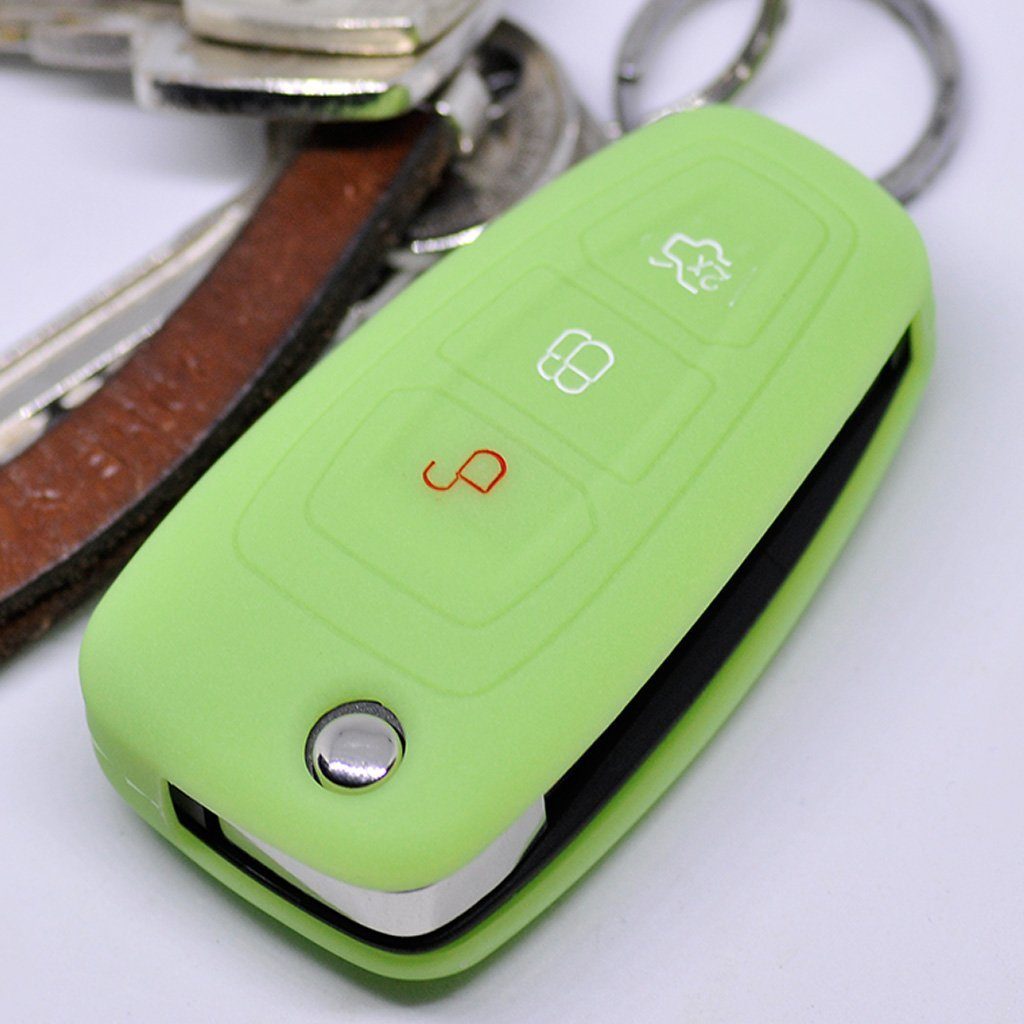 mt-key Schlüsseltasche Autoschlüssel Softcase Silikon Schutzhülle fluoreszierend Grün, für Ford Mondeo Focus S-Max Fiesta Transit 3 Tasten Klappschlüssel