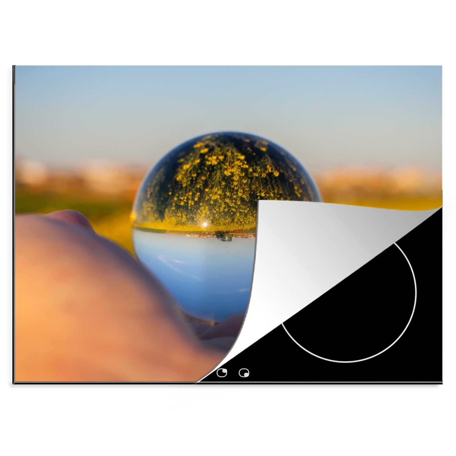 Arbeitsfläche nutzbar, Mobile Glaskugel, Herdblende-/Abdeckplatte (1 cm, tlg), Vinyl, in MuchoWow Ceranfeldabdeckung Blumen einer Gelbe 70x52
