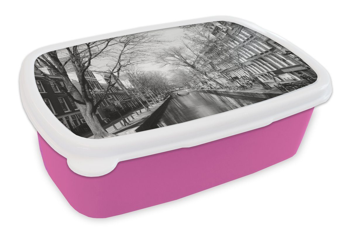 MuchoWow Lunchbox Achterburgwal Amsterdam - Schwarz und Weiß, Kunststoff, (2-tlg), Brotbox für Erwachsene, Brotdose Kinder, Snackbox, Mädchen, Kunststoff rosa