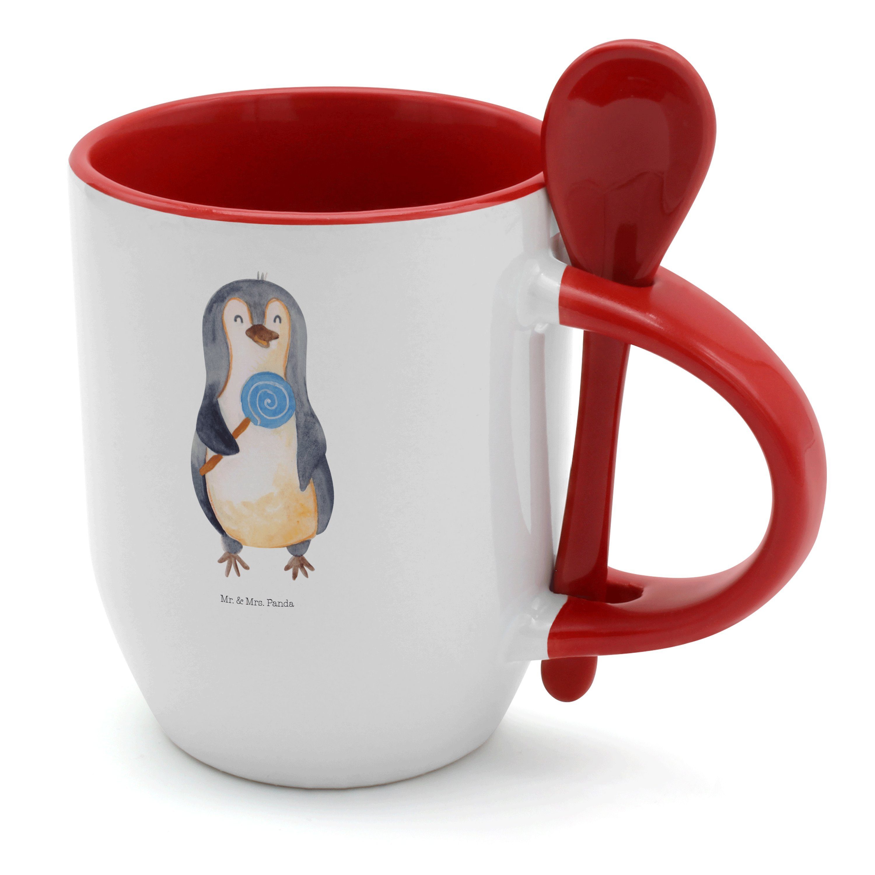 Mr. & Mrs. Panda Tasse Pinguin Lolli - Weiß - Geschenk, Tasse mit Löffel, Tassen, Tasse, Rab, Keramik