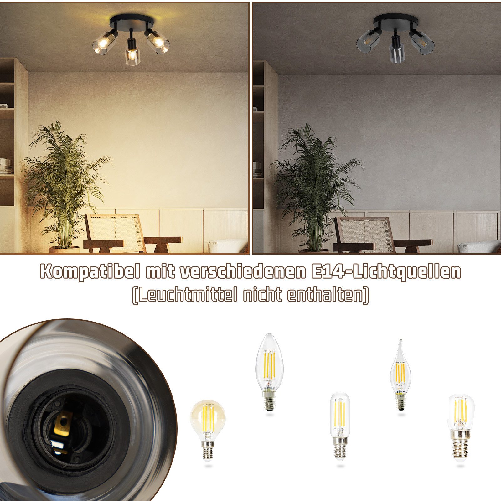 Nettlife Deckenstrahler Schwarz Vintage Glas E14 3 flammig Metall Deckenleu günstig online kaufen