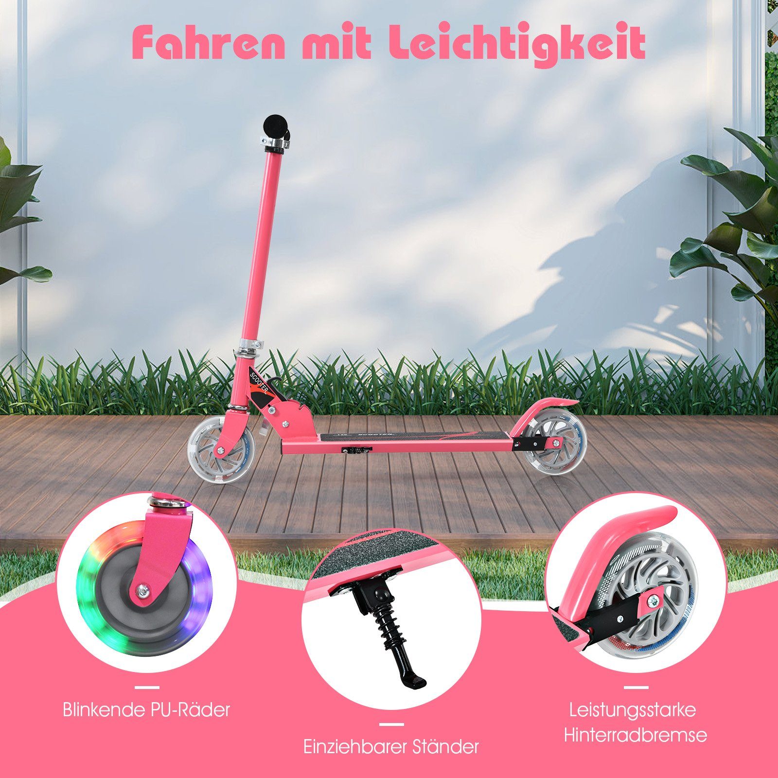 rosa Cityroller, Scooter Räder klappbar, 2 COSTWAY mit höhenverstellbar, LED