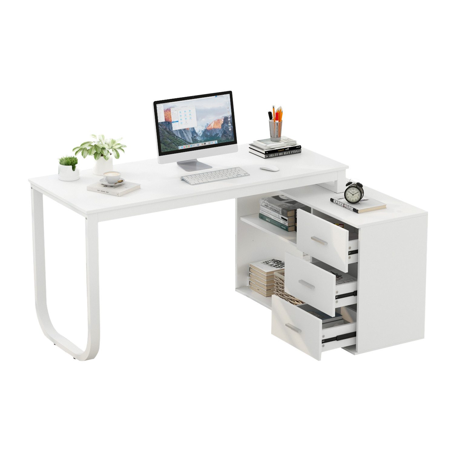 FUFU&GAGA Eckschreibtisch 130 cm L Förm Computertisch mit 3 Schubladen & 2 günstig online kaufen