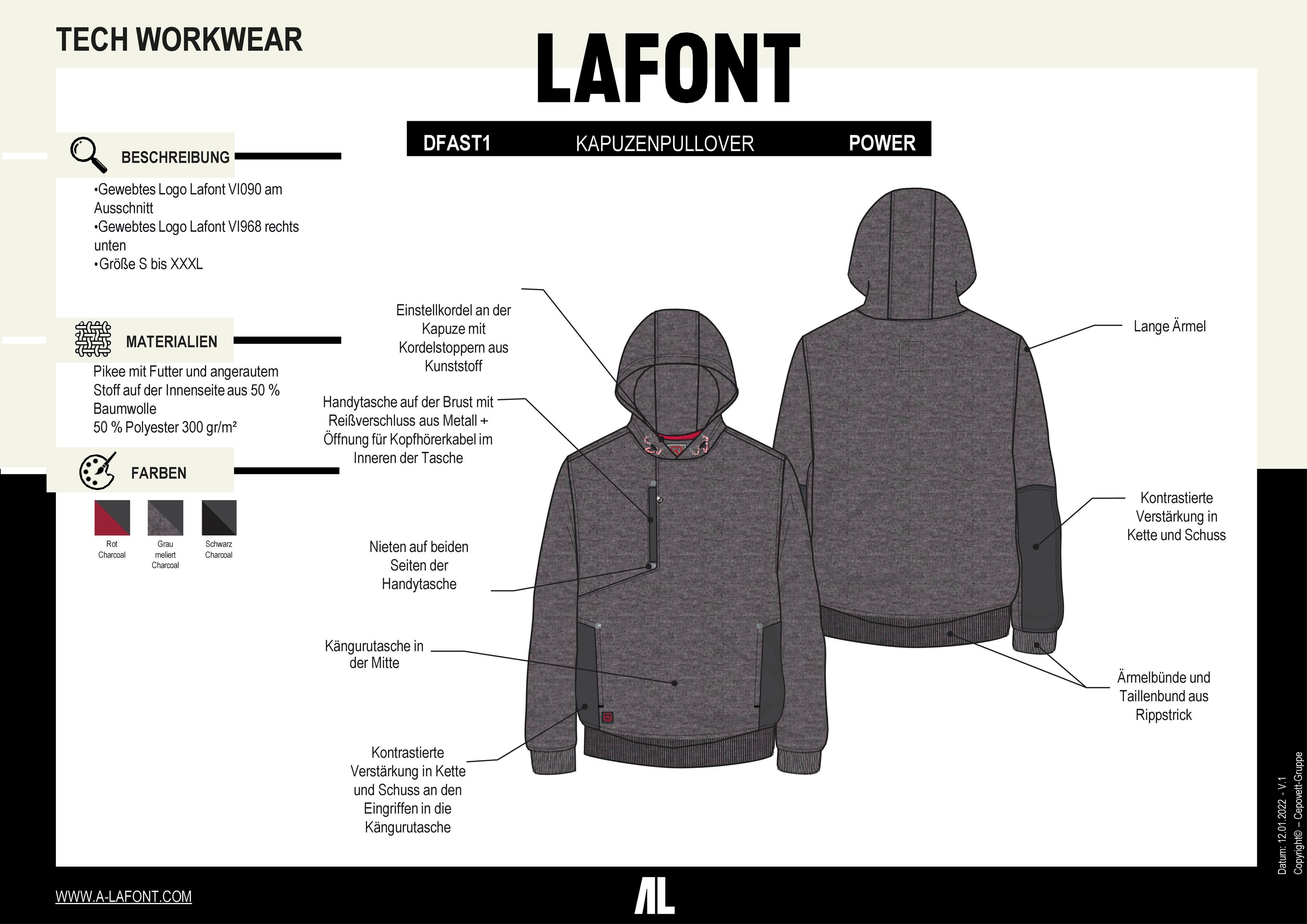 Lafont Hoodie Unisex Brusttasche, / Pflegeleicht MELIERT CHARCOAL GRAU S-3XL, Gr. "Power"