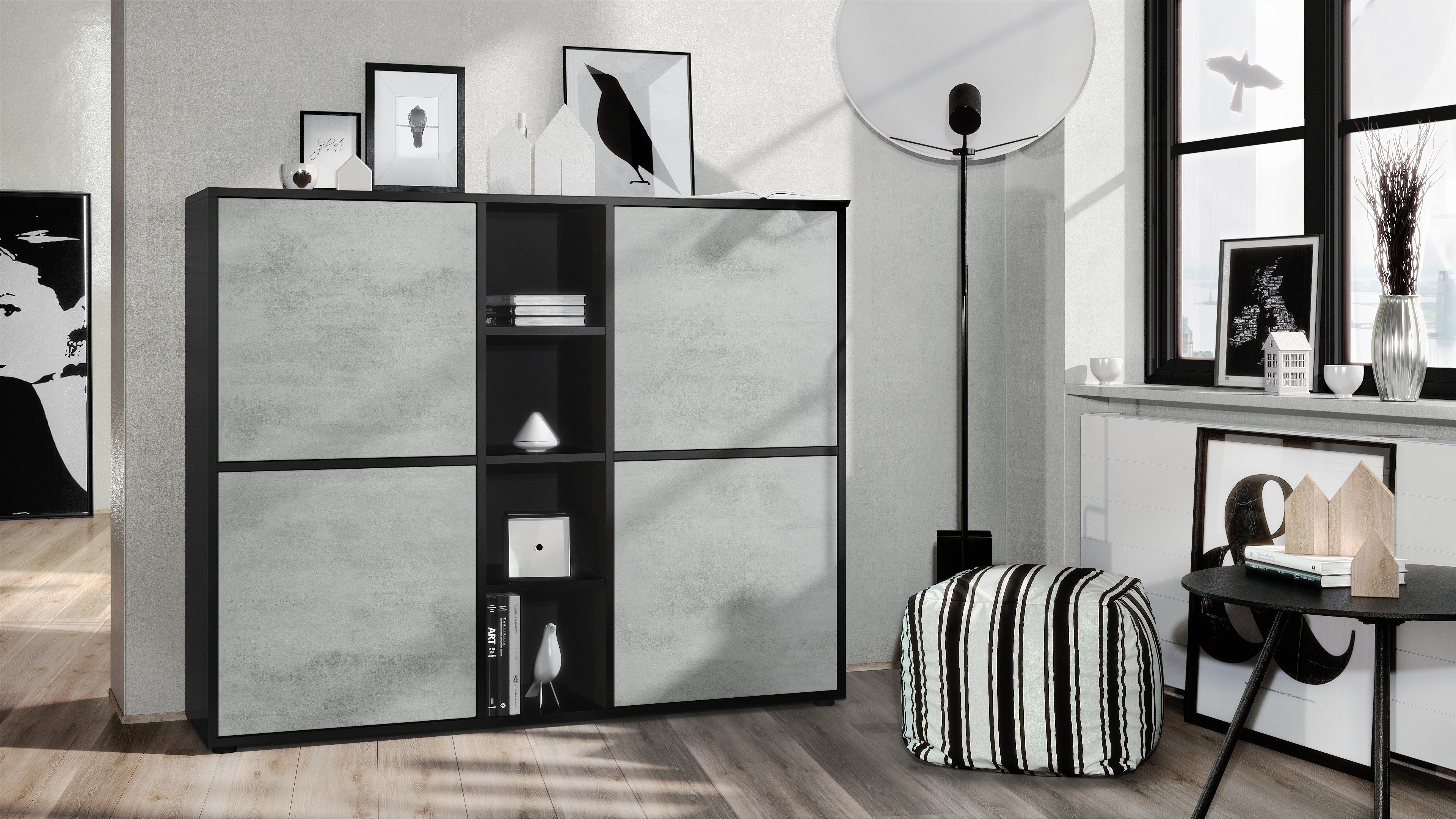 Vladon Highboard Cuba V3 (Highboard, Schrank Anrichte Cuba V3 mit 12 Fächern), Korpus in Schwarz matt / in Bordeaux glänzend (130,5x105,5x35,5 cm)