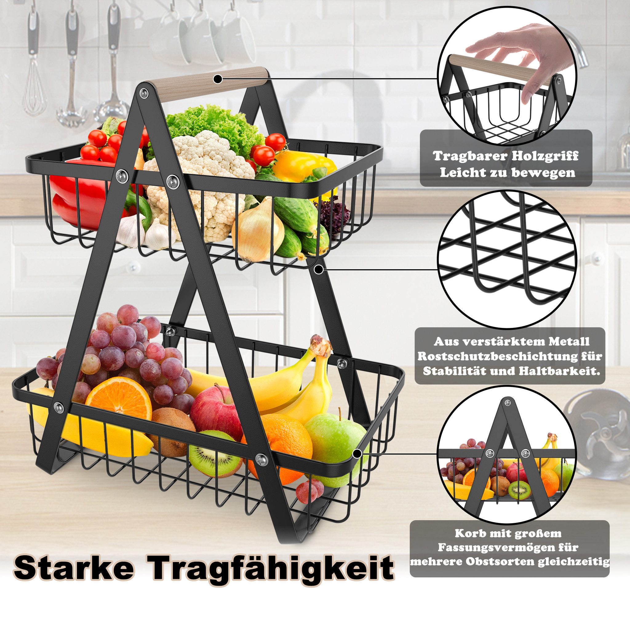 FIVMEN Obstschale Obst Etagere Obstkorb Metall Obst Schüssel Halter ​Brotkorb Ablagekorb, mit Holzgriff Tortenständer Gemüsegestell für Küche, 2 Etagen/3 Etagen