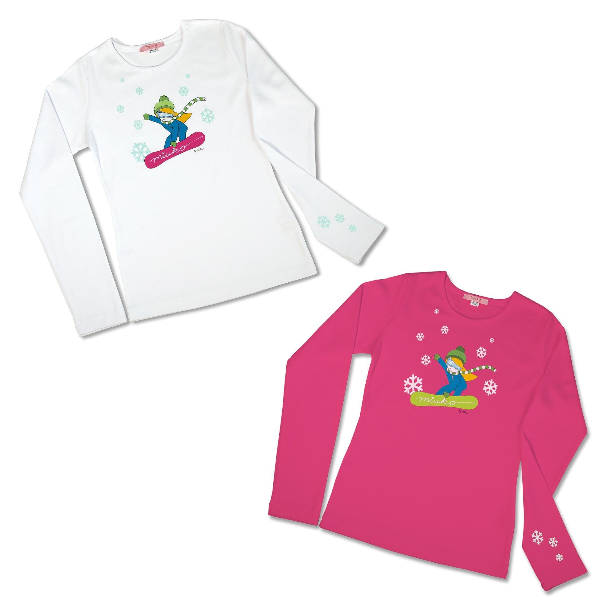 Motiv Mädchen 152 T-Shirt oder 134 Langarmshirt pink, weiß 128 122 langärmlig, 158 Miuko 100% 146 140 für 164 Baumwolle Snowboarderin