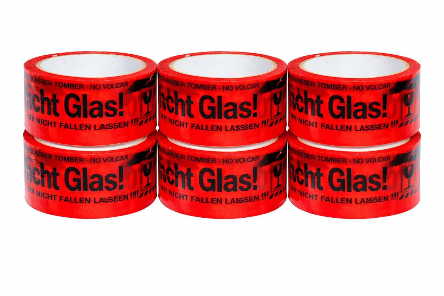 BAYLI Klebeband 6 Rollen PP Klebeband Vorsicht Glas 48mm x 66m - Warnband - starkes