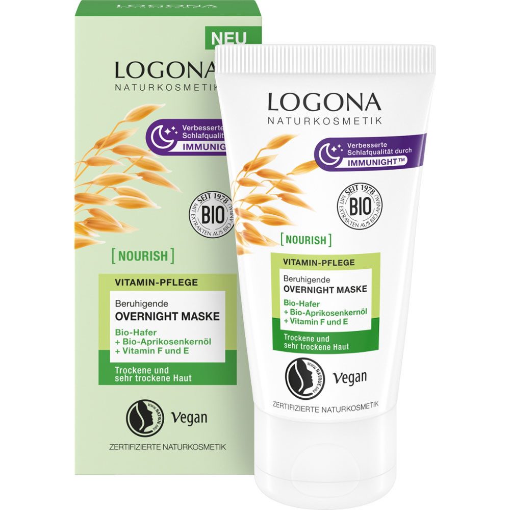 LOGONA Gesichtspflege NOURISH beruhigende Overnight Maske mit Bio-Hafer Vitamin F und E, 50 ml