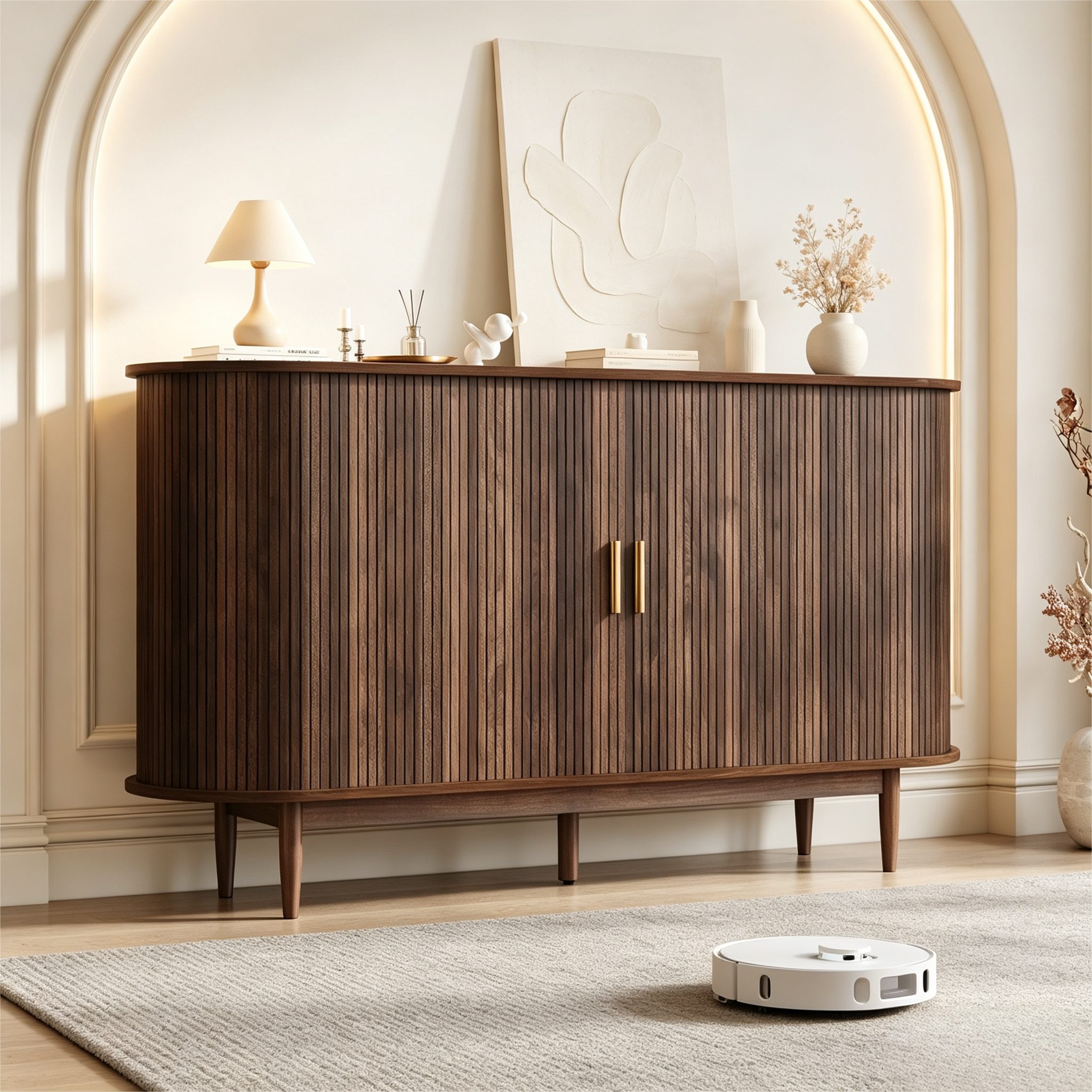 Merax Sideboard mit 2 Schiebetüren, 1 Schublade, 6 Fächern & Stauraum (140 x 40 x 78 cm, 1 St), Kommode mit geschwungenen Kanten,Wohnzimmerschrank im Walnussholzoptik