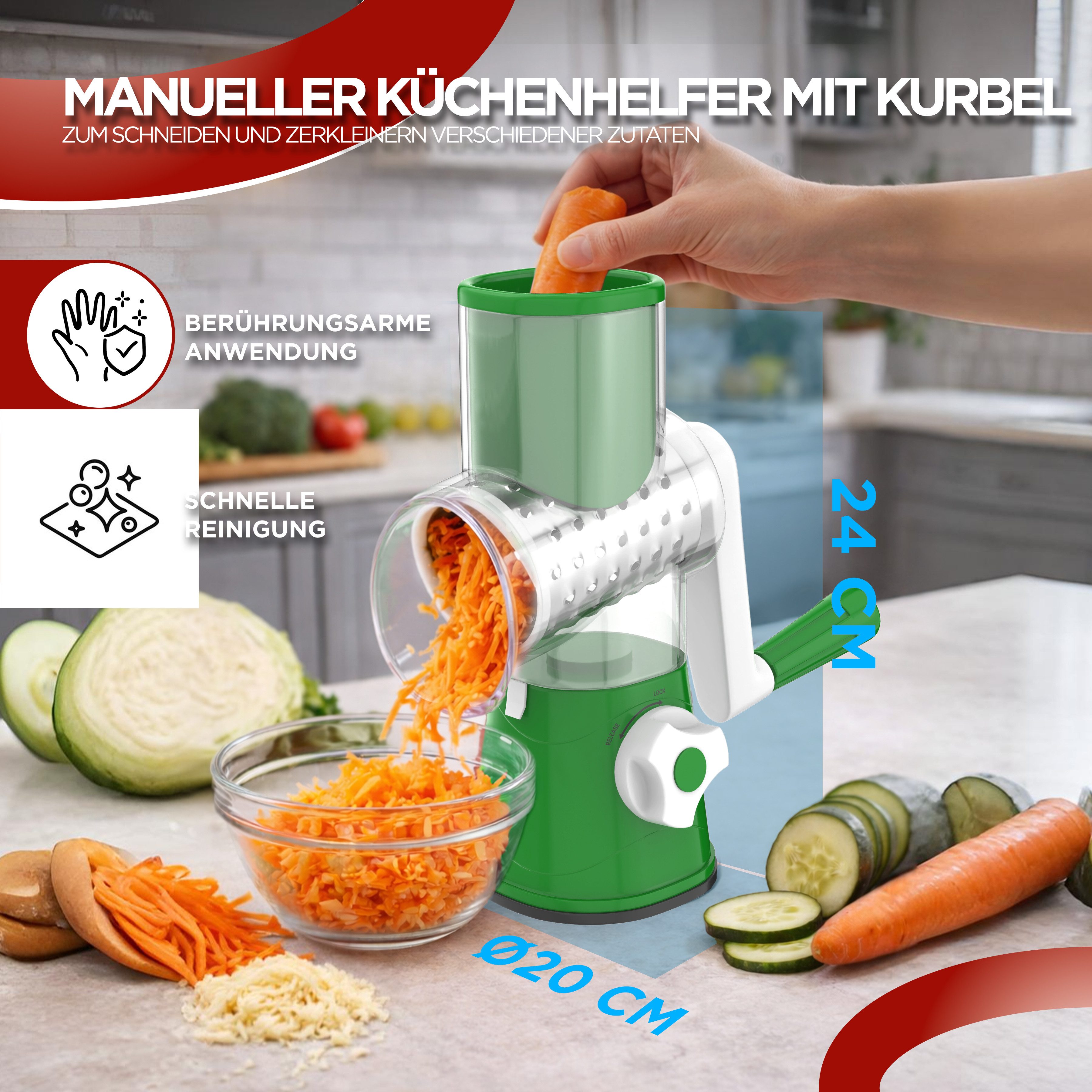 BI International Gemüseschneider Gemüseschneider mit Kurbel, Trommelreibe mit 3 Edelstahl-Klingen – Bild 4 von 5