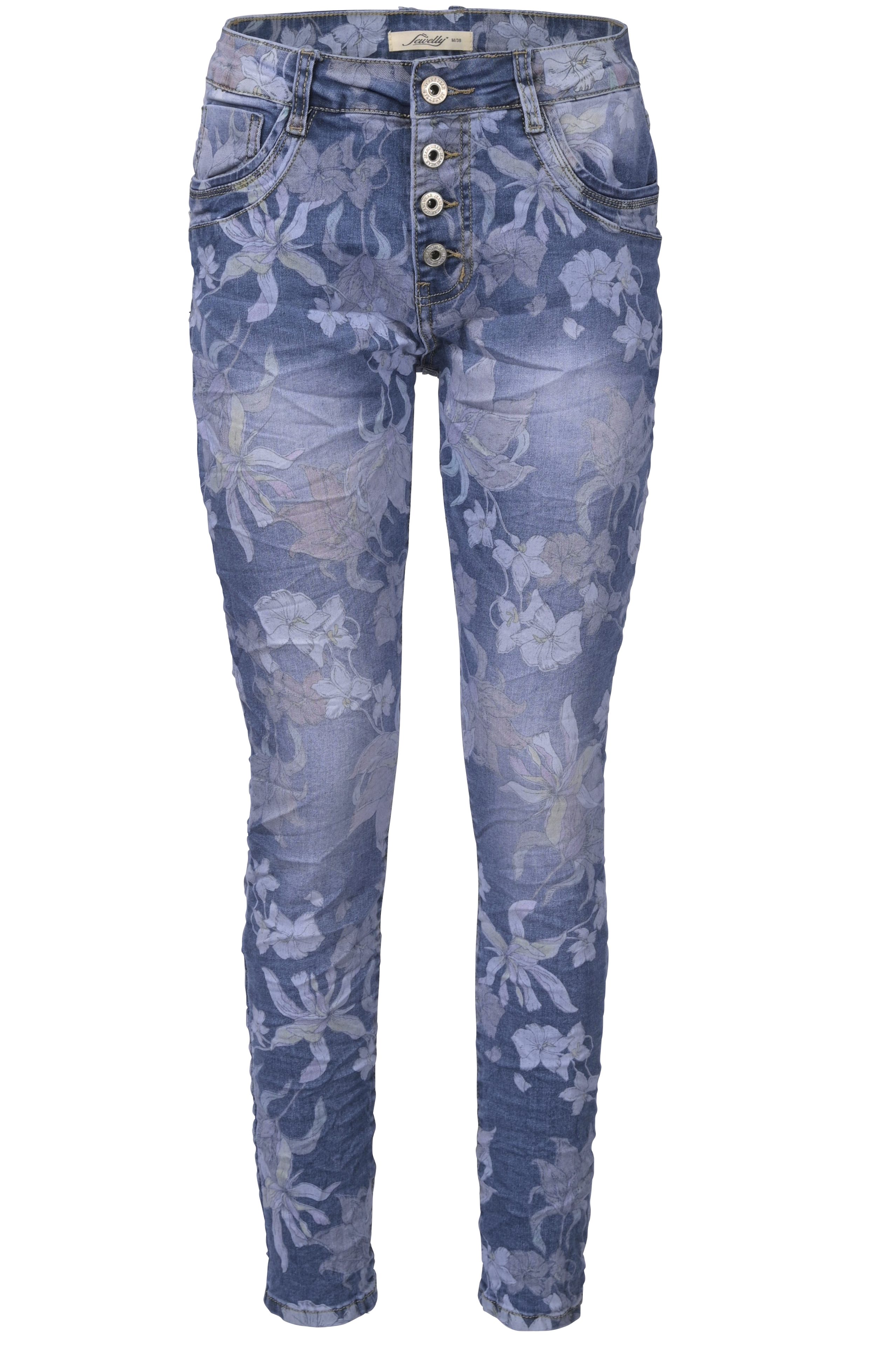 Stretch Jeans Jewelly Regular-fit-Jeans Blumen Boyfriend Print mit -