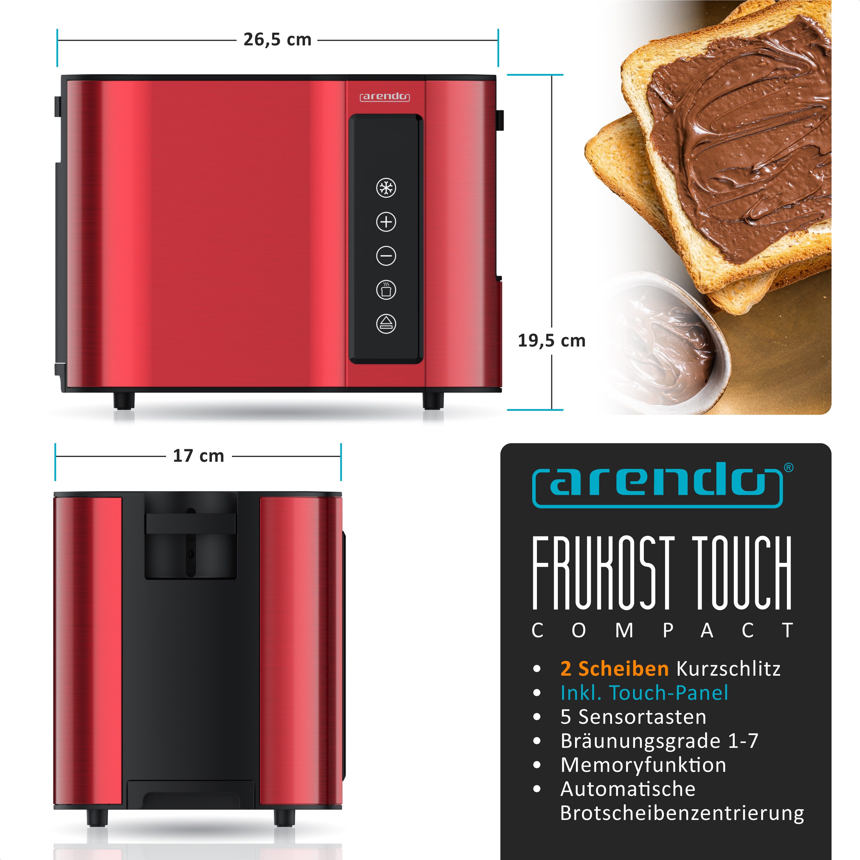 Arendo Toaster Wärmeisoliertes Doppelwandgehäuse, Display mit Restzeitanzeige, 2 kurze Schlitze, für 2 Scheiben, 800 W, Touchpanel, Brötchenaufsatz, 7 Bräunungsgrade, Brotscheibenzentrierung