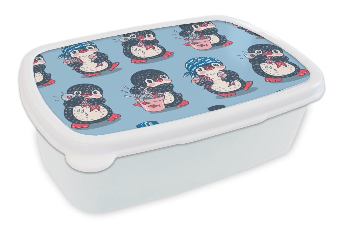 MuchoWow Lunchbox Pinguin - Gestaltung - Fisch, Kunststoff, (2-tlg), Brotbox für Kinder und Erwachsene, Brotdose, für Jungs und Mädchen weiß