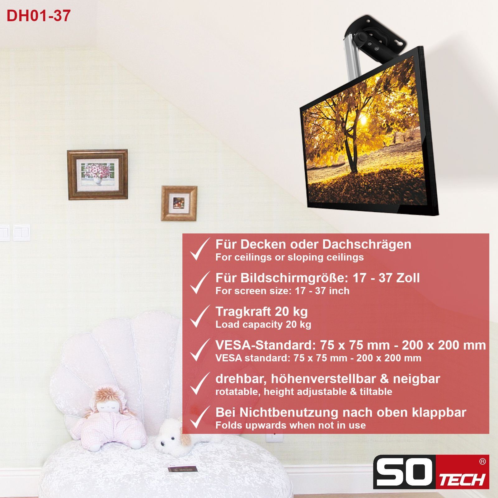 SO-TECH® TV-Deckenhalterung TV-Halterung klappbar drehbar höhenverstellbar neigbar, (für 17-37 Zoll, ideal für Dachschrägen, Wohnmobil) – Bild 5 von 5