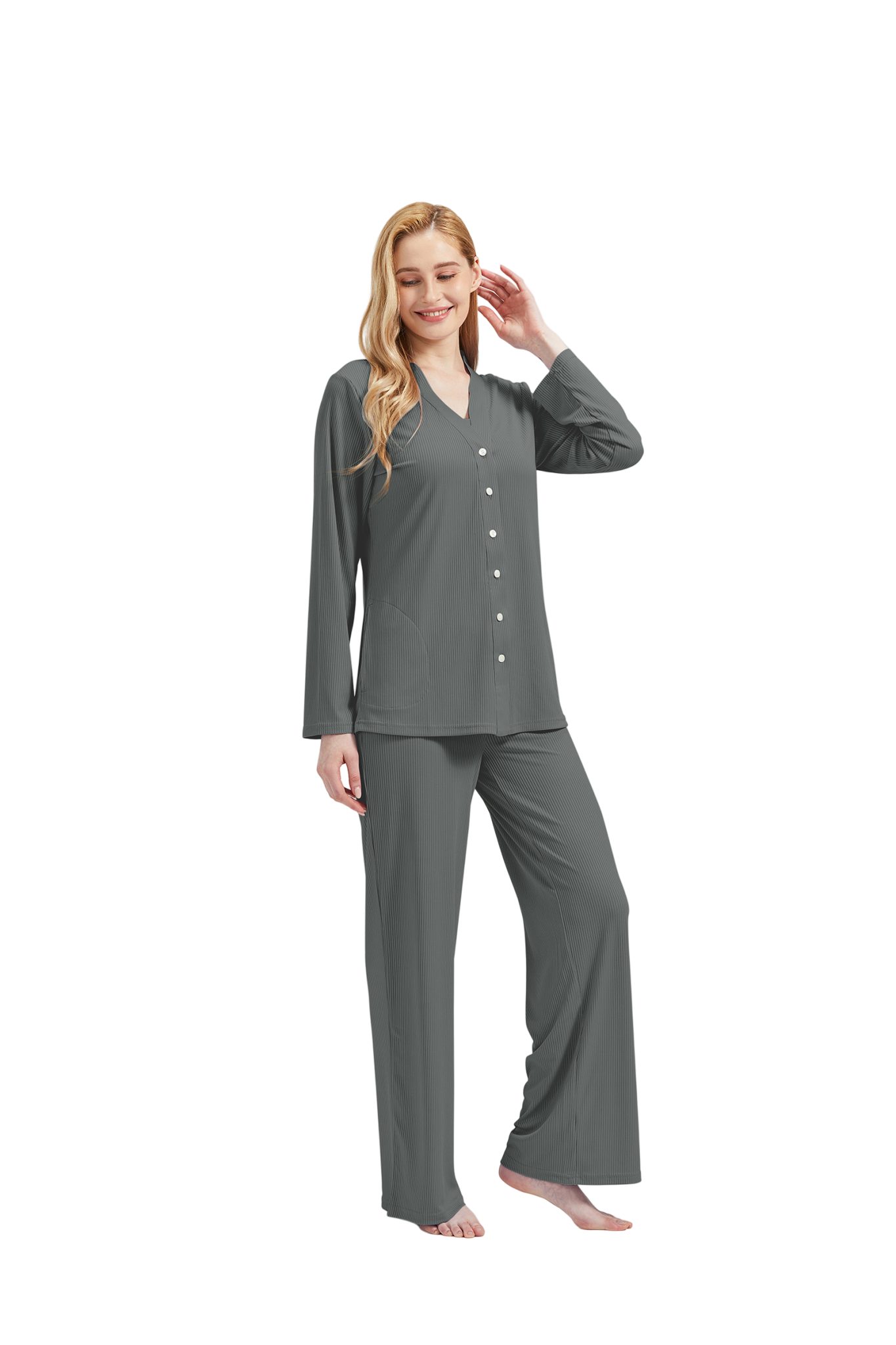 3 incl.Jacket Top Pyjama-Set tlg) Grau Damen Hose Damenwäsche Schlafanzug V-Ausschnitt (Set, RAIKOU