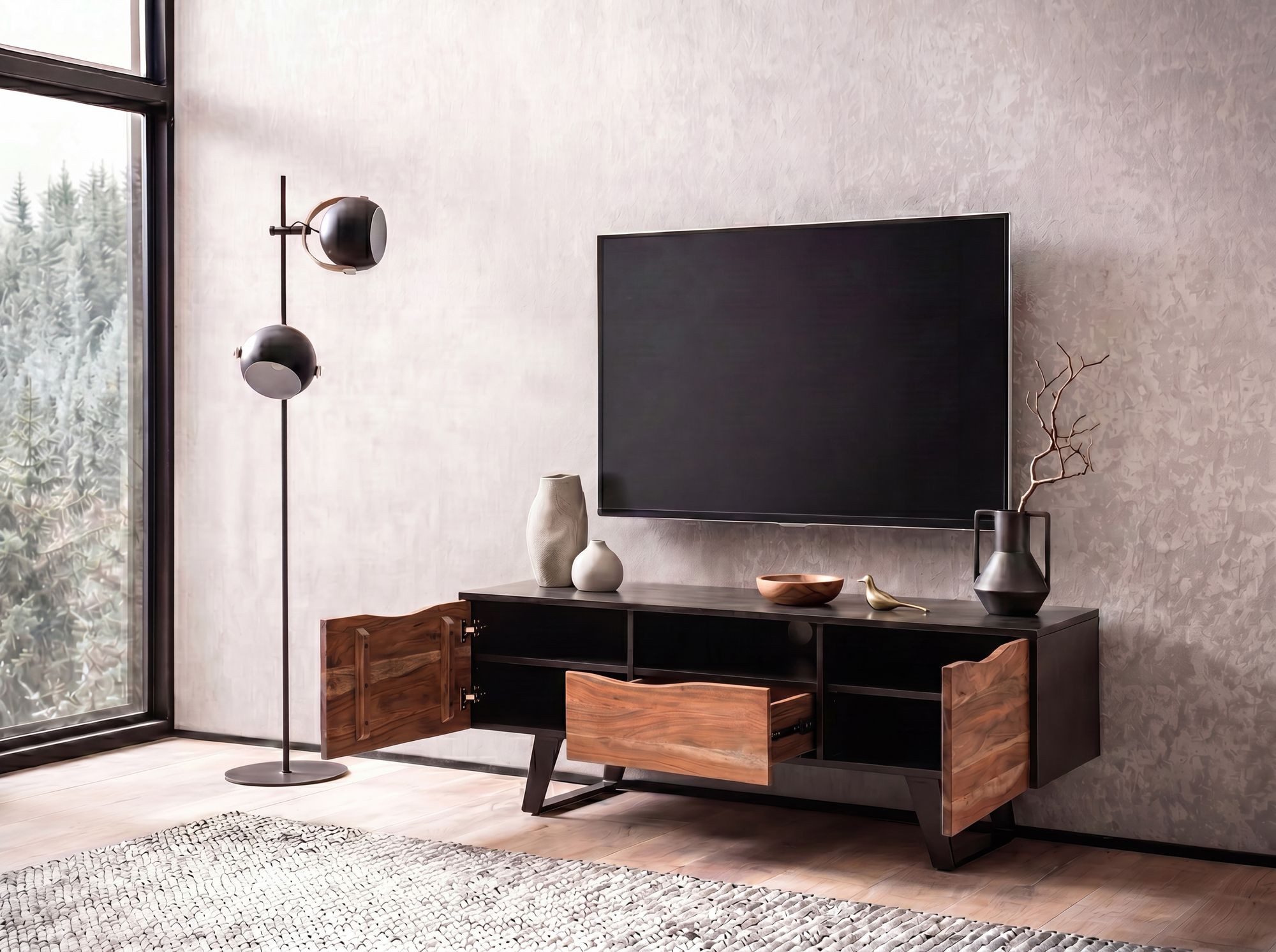 FINEBUY Lowboard FB105141 Massive TV-Board Kommode 140cm Akazie Massivholz Baumkante (Akazie Massivholz, zwei Türen, 140x50x40 cm)