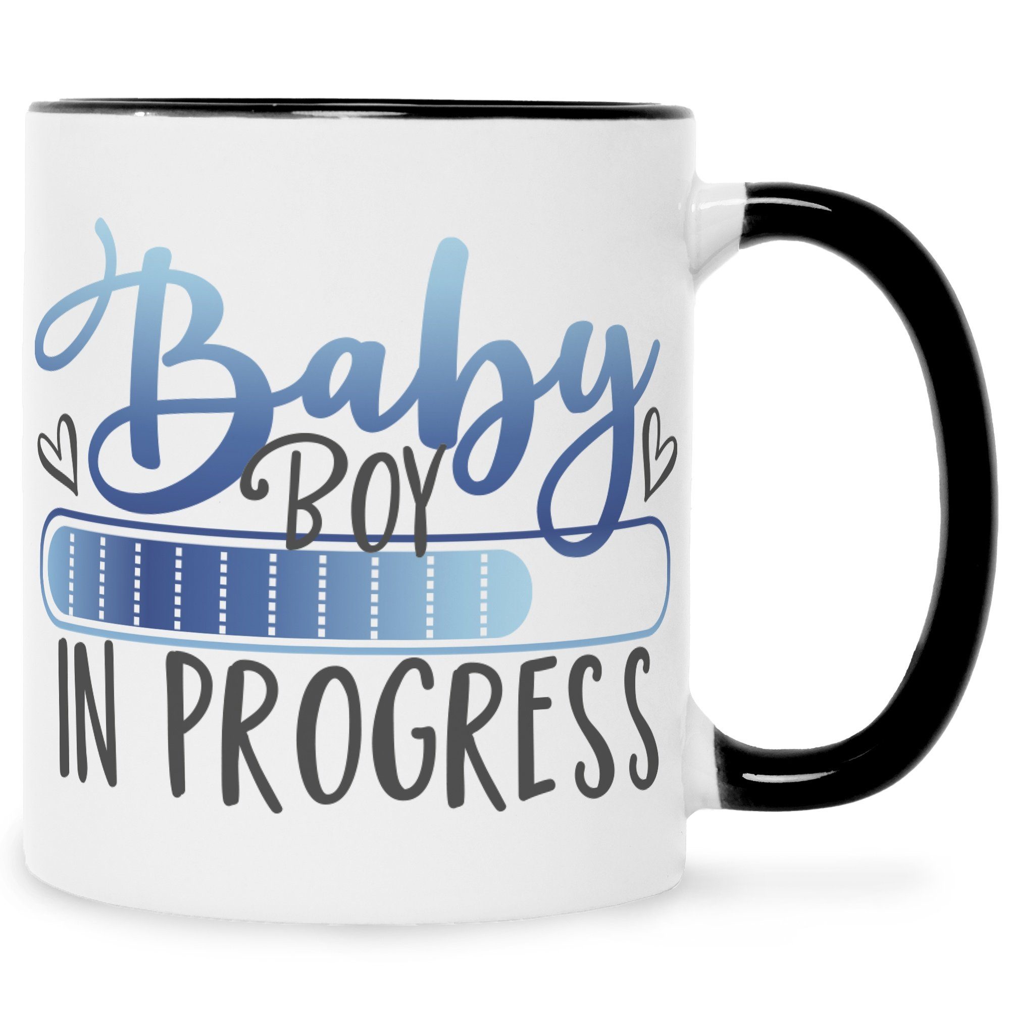 GRAVURZEILE Tasse Bedruckte Tasse mit Spruch - Baby in Progress, Keramik, Witziges Design zur Schwangerschaftsankündigung Boy Schwarz Weiß