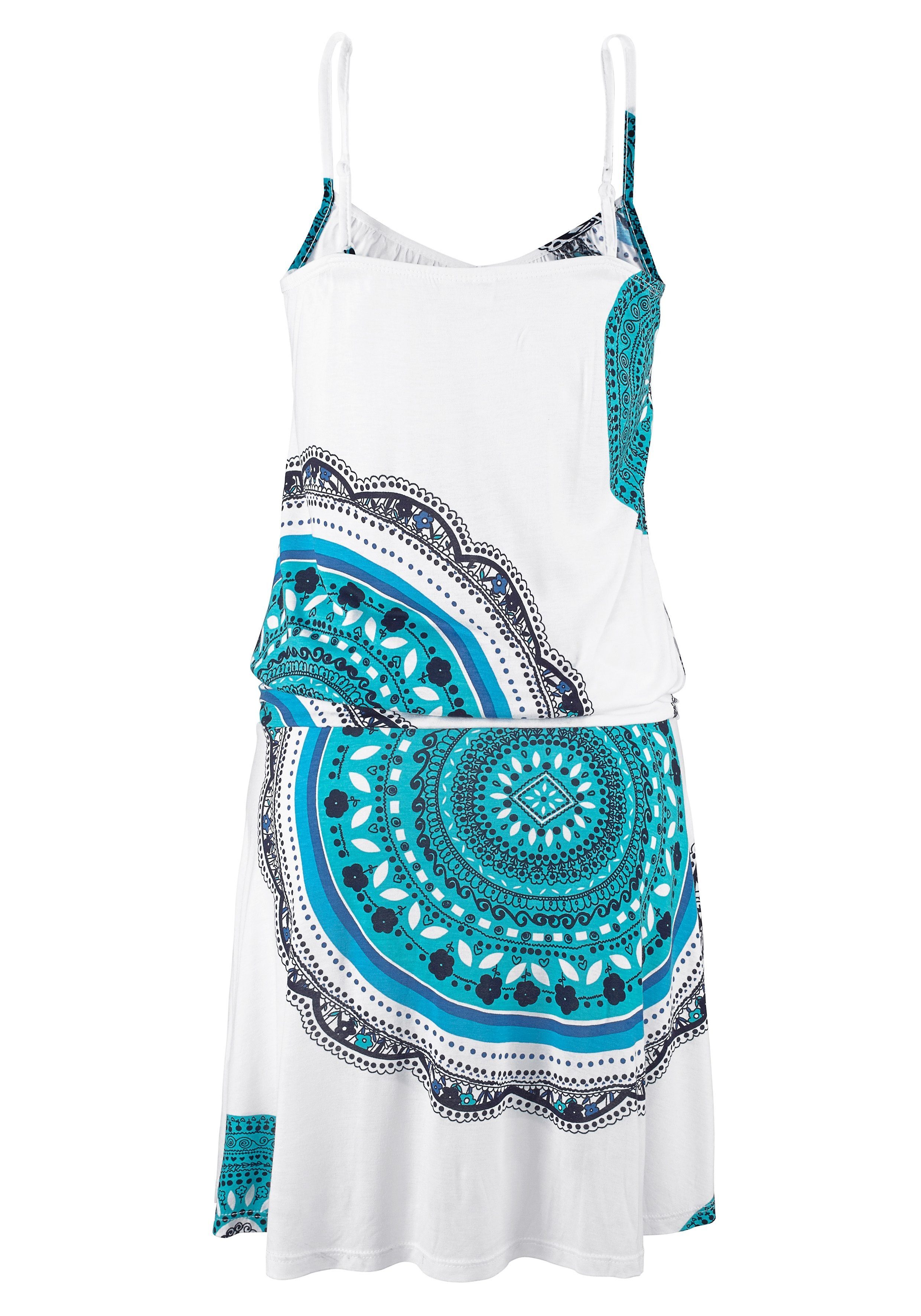 Beachtime by Lascana Strandkleid aus Viskosejersey mit verstellbaren Trägern und Alloverdruck Kurzes Sommerkleid, luftiges Jerseykleid, Spaghettikleid, Festival