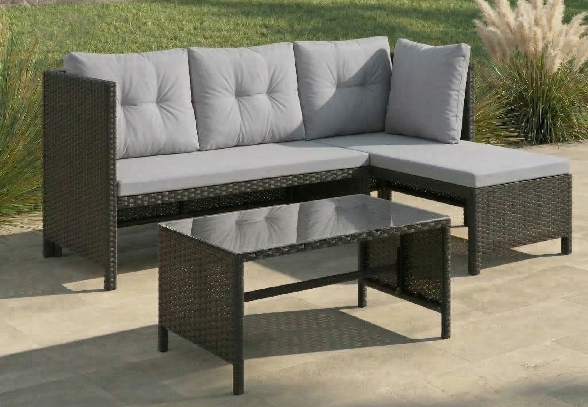 Home Collective Gartenlounge-Set Lounge Möbel Outdoor Sofa Gartenmöbel Outdoormöbel Polyrattan schwarz, 180x120x63,5 cm (BxTxH), mit Tisch, inkl. Polster & Kissen, Grau
