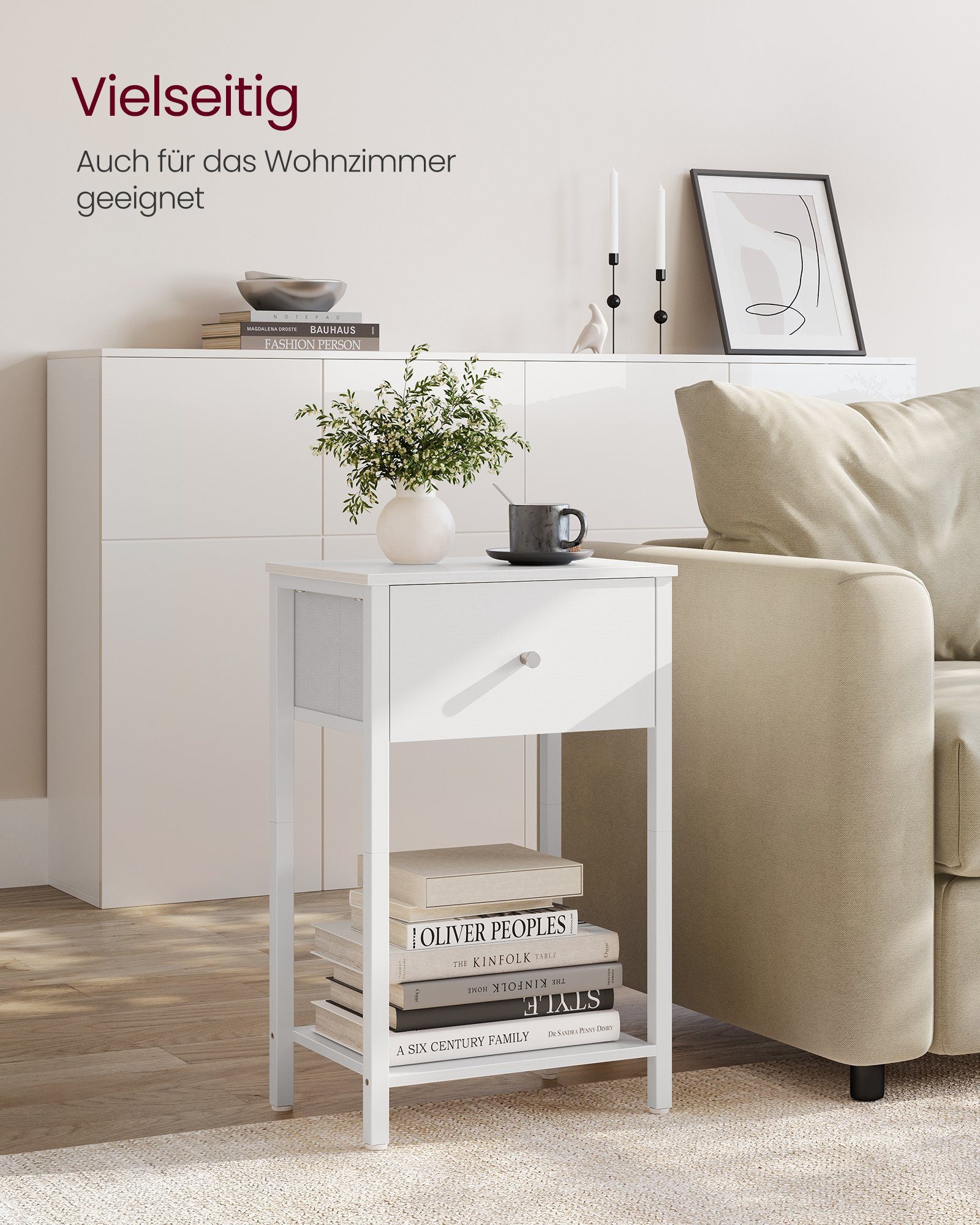 VASAGLE Nachttisch Beistelltisch, für Wohnzimmer, Schlafzimmer, 28 x 38 x 61 cm (2-St), 2er Set, mit Stoff-Schublade, mit Ablage, weiß
