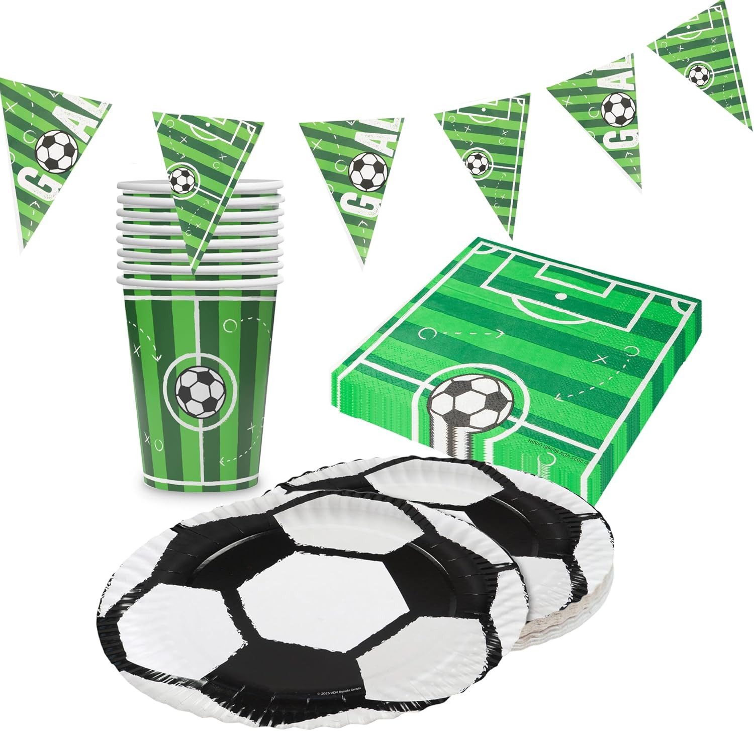 Party Factory Geschirr-Set Fußball Partyset 4-teiliges Set Teller Becher Servietten Wimpelkette, 8 Personen, Kräftige Farben & sportliches Layout
