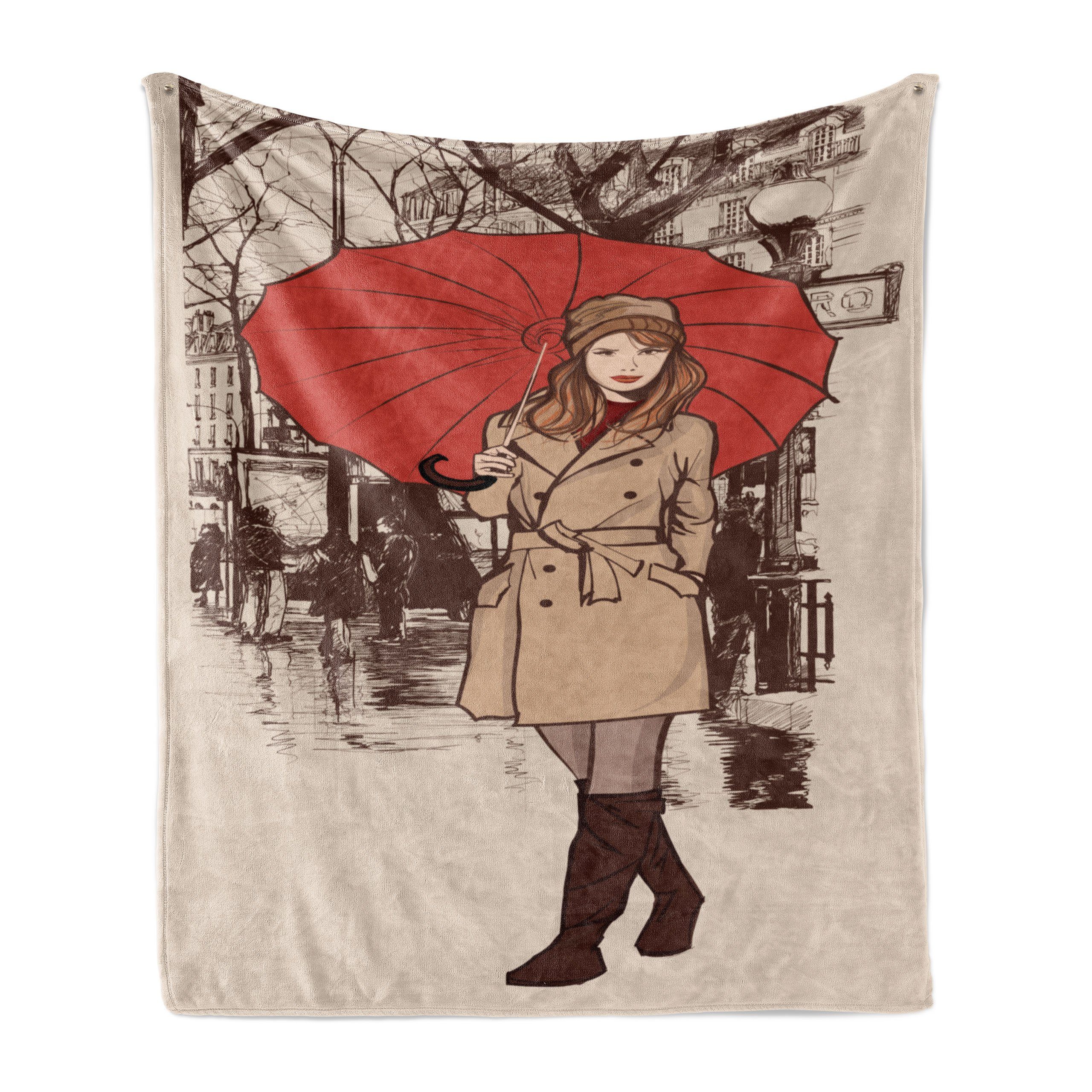 Wohndecke Gemütlicher Plüsch für den Innen- und Außenbereich, Abakuhaus, Regenschirm-Mädchen Lady Walking in Paris