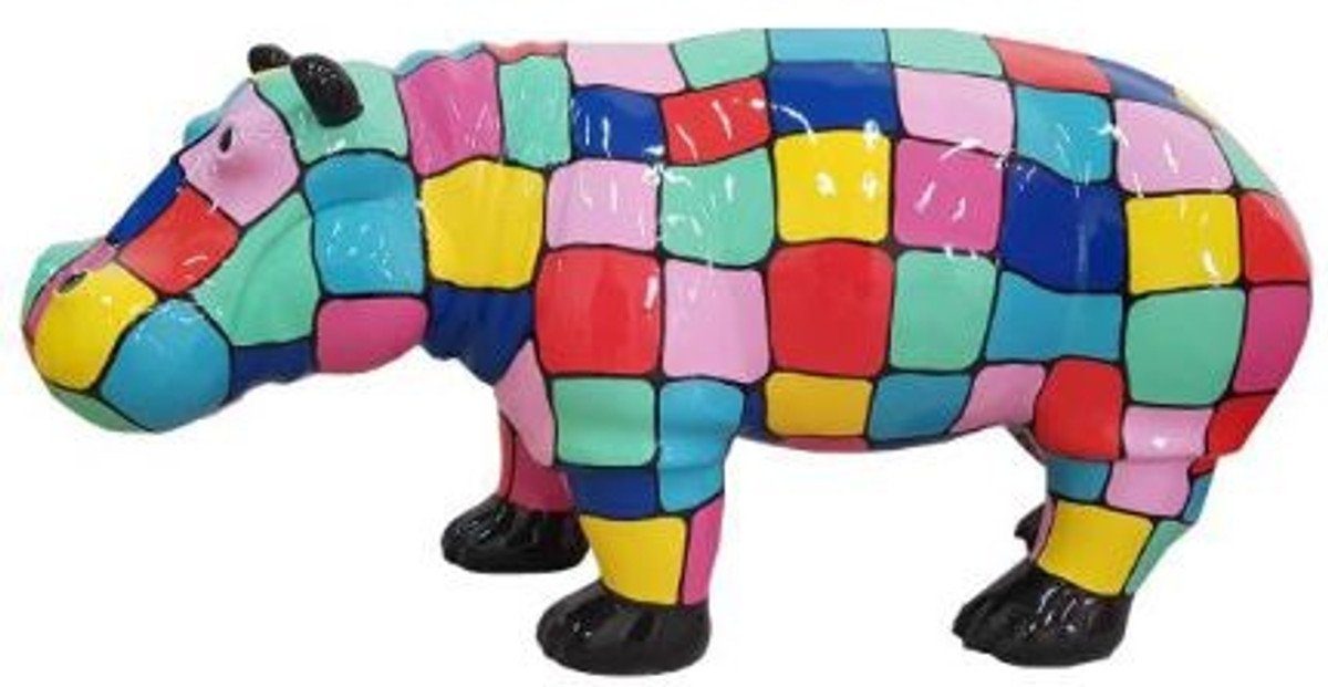 Skulptur Designer Dekofigur Nilpferd Mehrfarbig / Schwarz 100 x H. 45 cm - Deko Skulptur - Gartenfigur - Wetterbeständige Gartendekoration