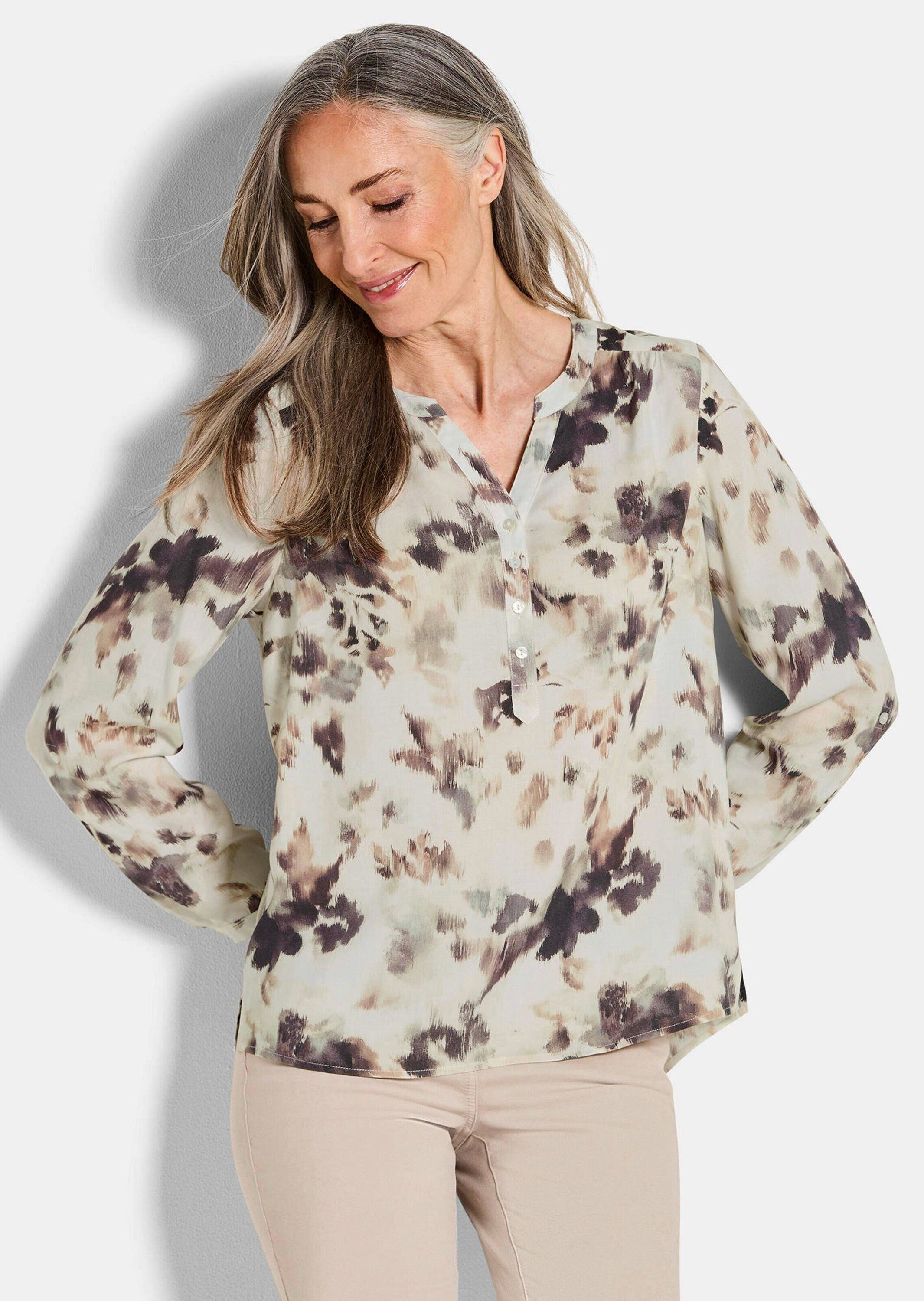 GOLDNER Schlupfbluse Florale Druckbluse mit V-Ausschnitt Viskosebluse mit Seitenschlitzen und Langarm