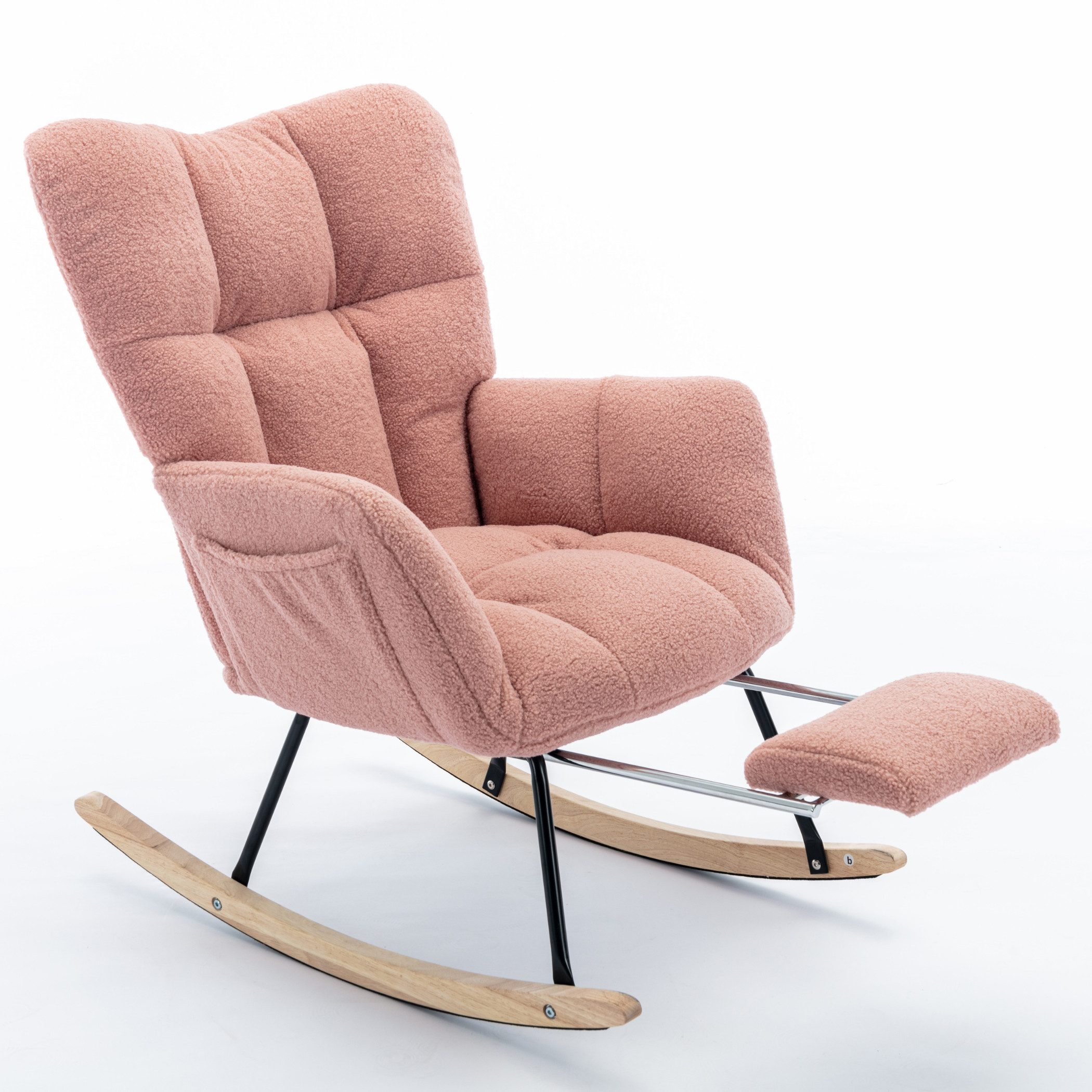 SeedWave Schaukelstuhl Teddy Schaukelsessel Wohnzimmer mit Fußstütze und Seitentasche, Relaxsessel mit Metallrahmen, Massivholzsockel mit Boden Schutzfilz