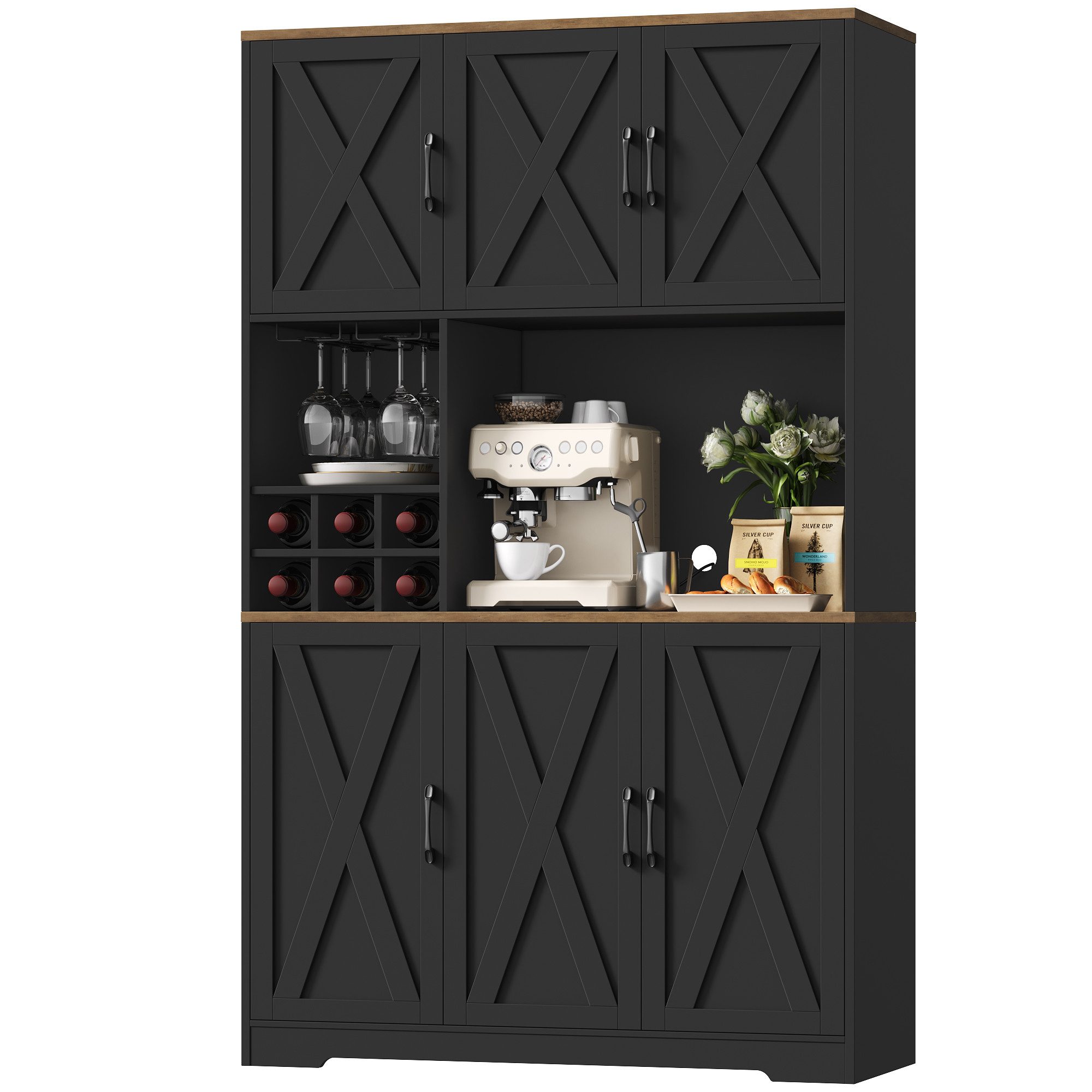 HOMECHO Küchenbuffet Küchenschrank mit Arbeitsplatte Buffetschrank mit 6 Türen Flaschenhalter und Glashalter 180x106x37cm