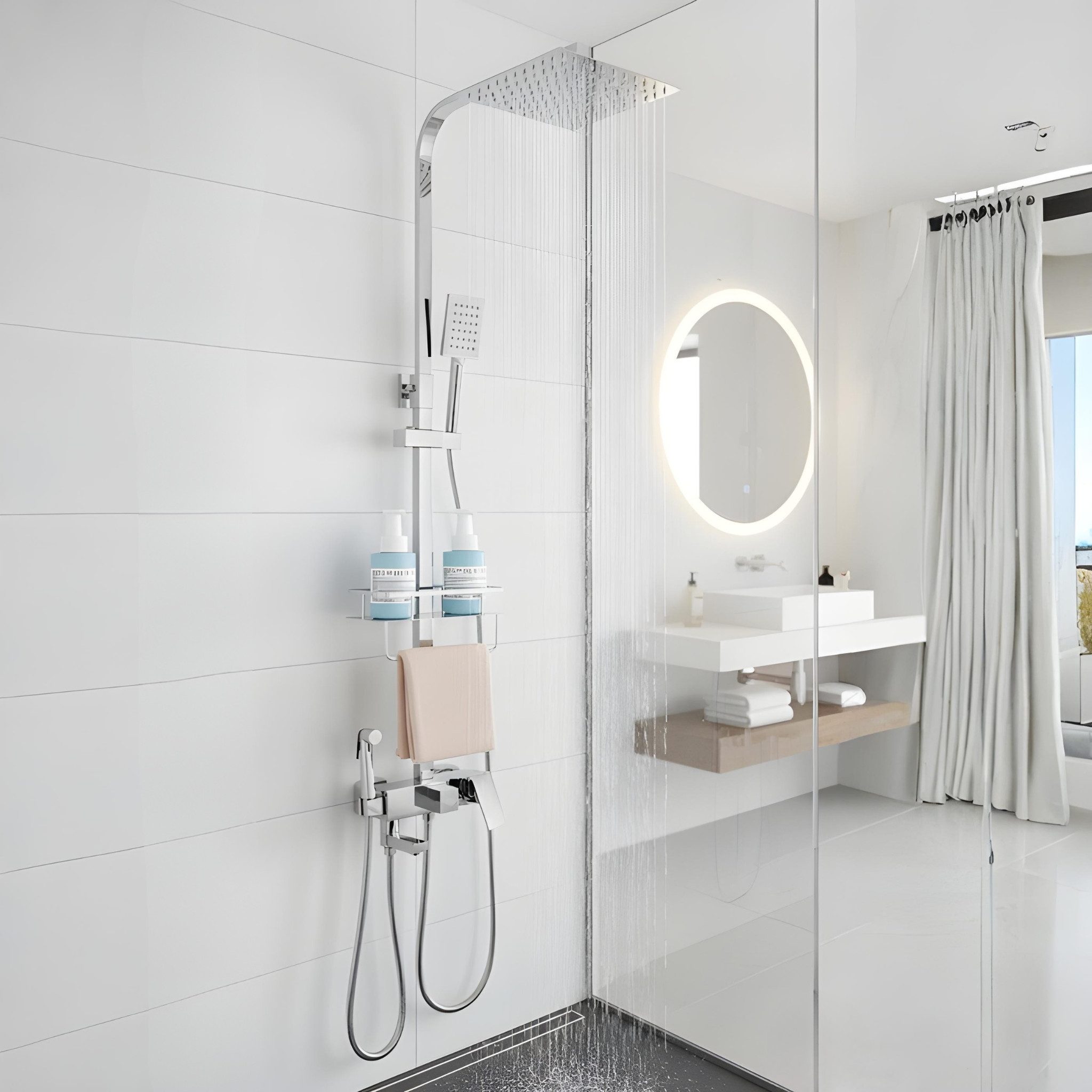 LuxaSteel Duschsystem Duschsystem mit Regendusche, 2 Handbrausen & Ablage, 5 Strahlart(en), Komplett-Set, Thermostat mit Brausegarnitur mit Kopfbrause, 3-fach verstellbare Wellness Handbrause, integrierte Ablage