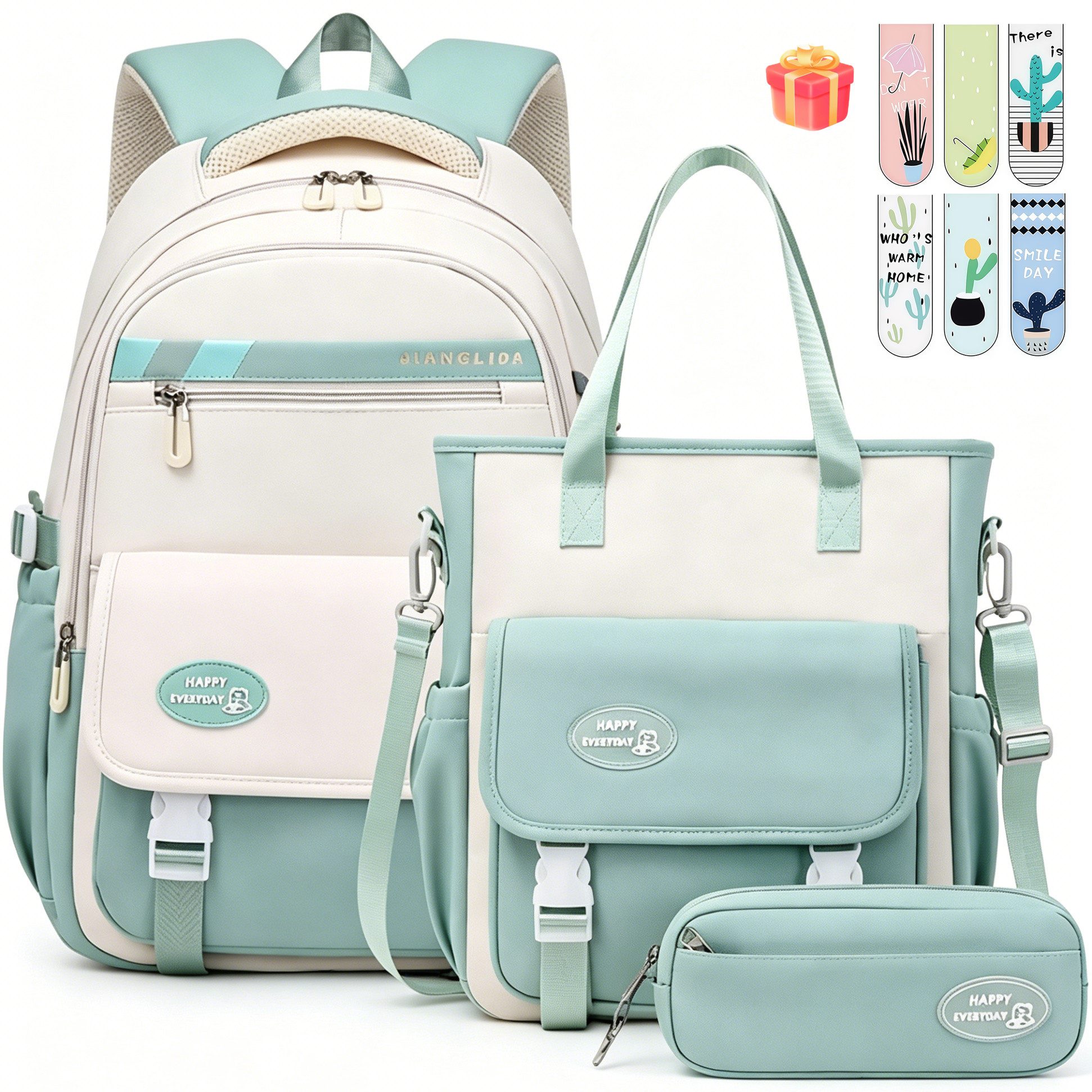 MOPUEA Schulrucksack 3-teiliges Schulrucksack-Set Turnbeutel Mit 6 magnetischen Lesezeichen (Multi-Tasche Schulranzen Rucksack Daypacks Schultaschen-Set Teenager, 3-tlg), mit Lunchbox, Federmäppchen und süßem Anhänger, 3-teilig