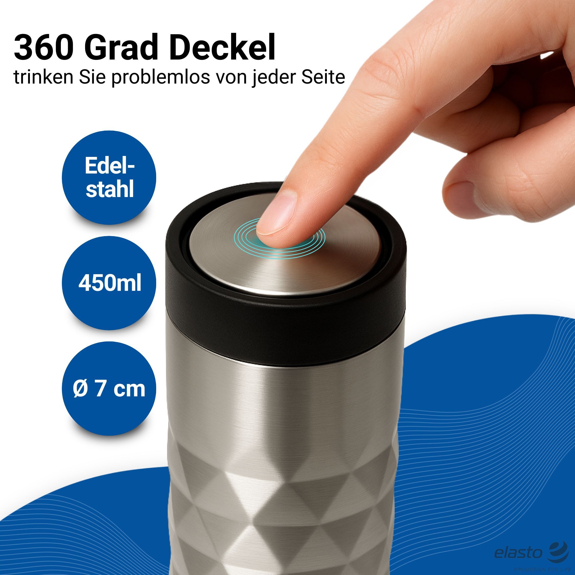 elasto Coffee-to-go-Becher Diamond 360 auslaufsicherer Thermobecher 450 ml, Kaffeebecher to go, Doppelwand, Leicht, Robust, 360 Grad Deckel