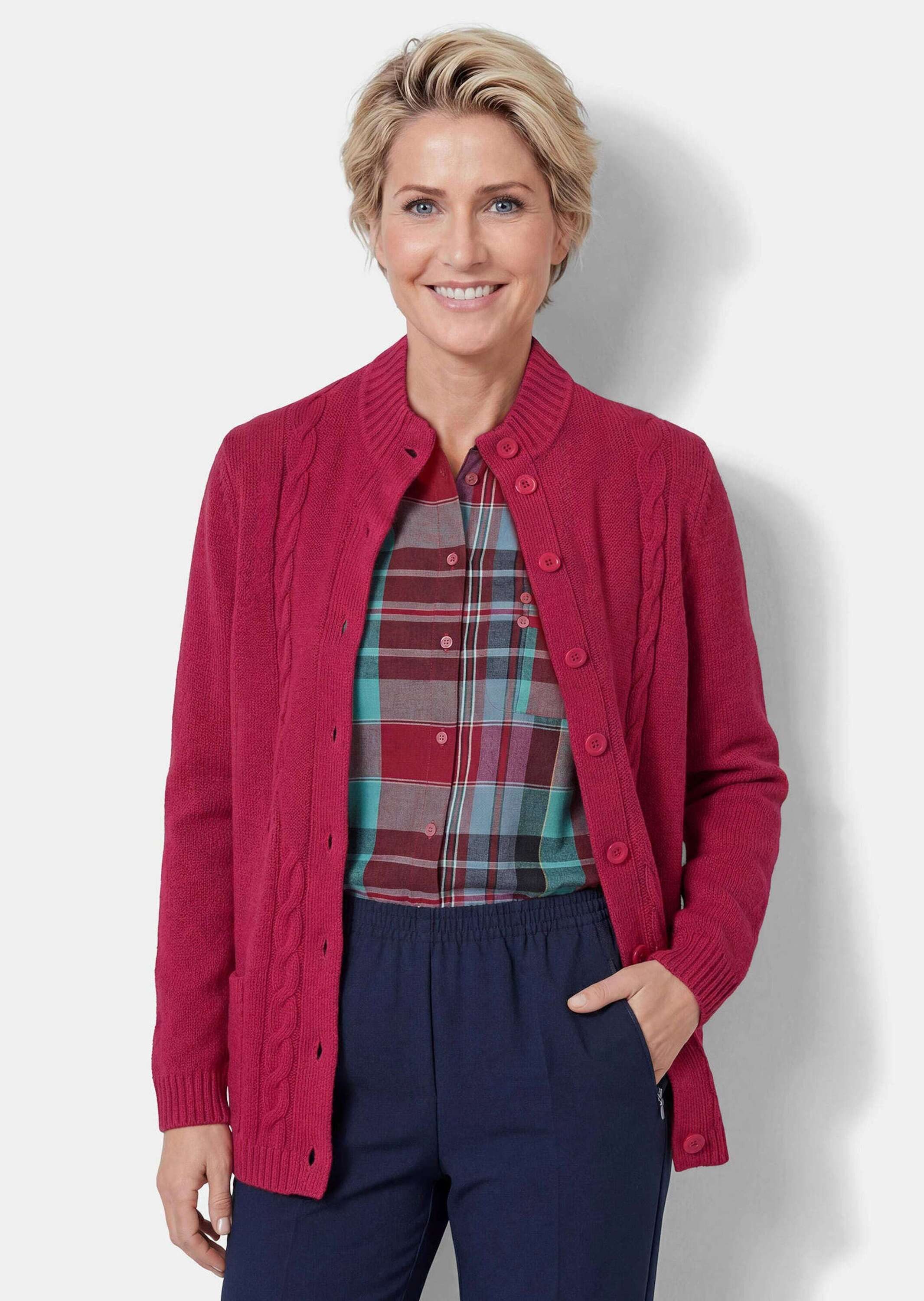GOLDNER Strickjacke Kurzgröße: Cardigan mit Zopfmuster Weiche Strickjacke mit Zopf- und Glattstrick